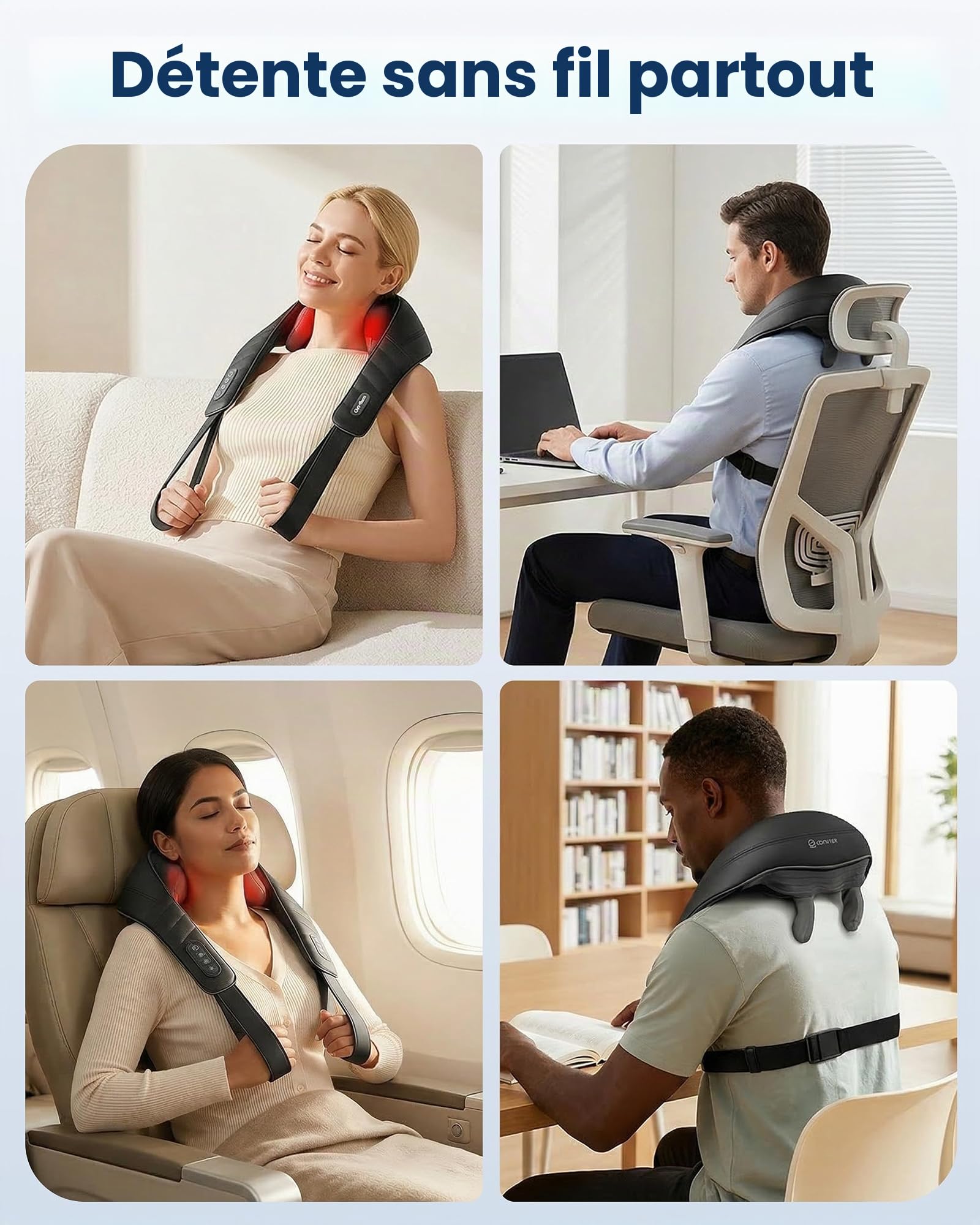 COMFIER Masseur dorsal sans fil pour douleur, masseur Shiatsu cou avec chaleur, massage profond 4D des épaules pour une utilisation à la maison, au bureau, coussin de massage électrique rechargeable,