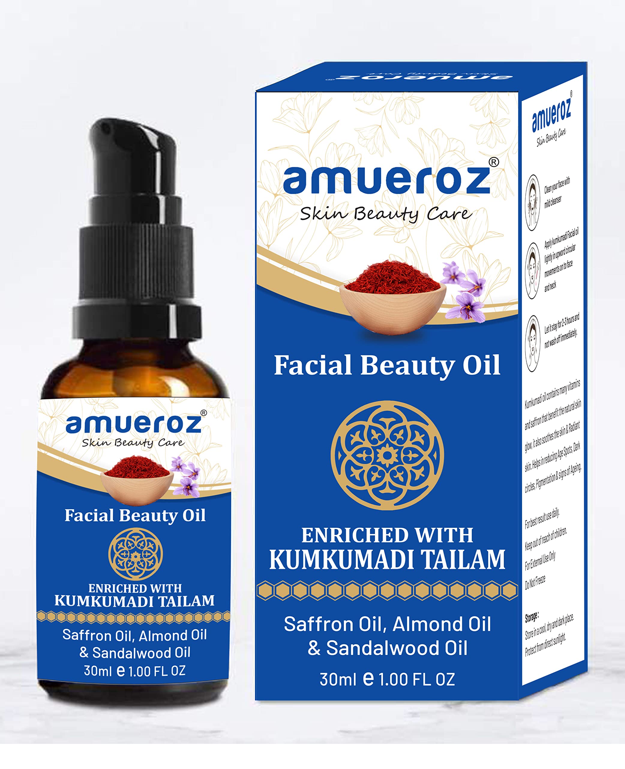 Amueroz Kumkumadi Tailam for Glowing Skin - Kumkumadi Oil for Face - Brightening, Ageing, Whitening, Wrinkles, Fine Lines, Pigmentation - Women & Men, 30ml