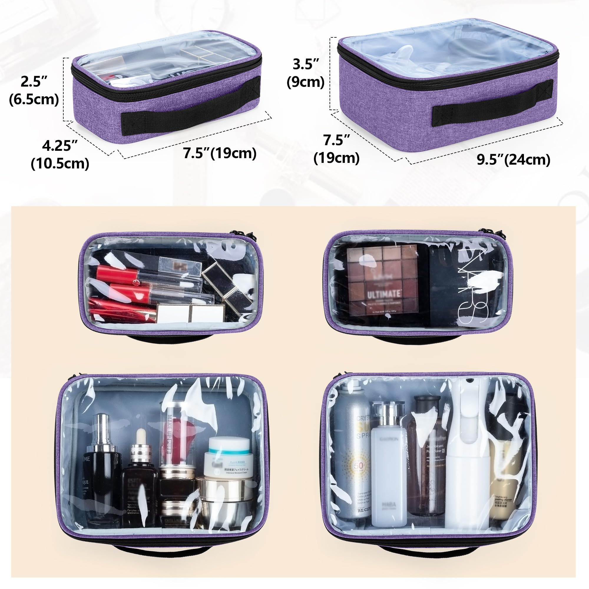 BAFASO Bolsa de Maquillaje Bolsa de Cosméticos con 4 Bolsillos, Púrpura | Estuche Multifuncional de Maquillaje de Viaje, Bolsillos Internos Extraíbles