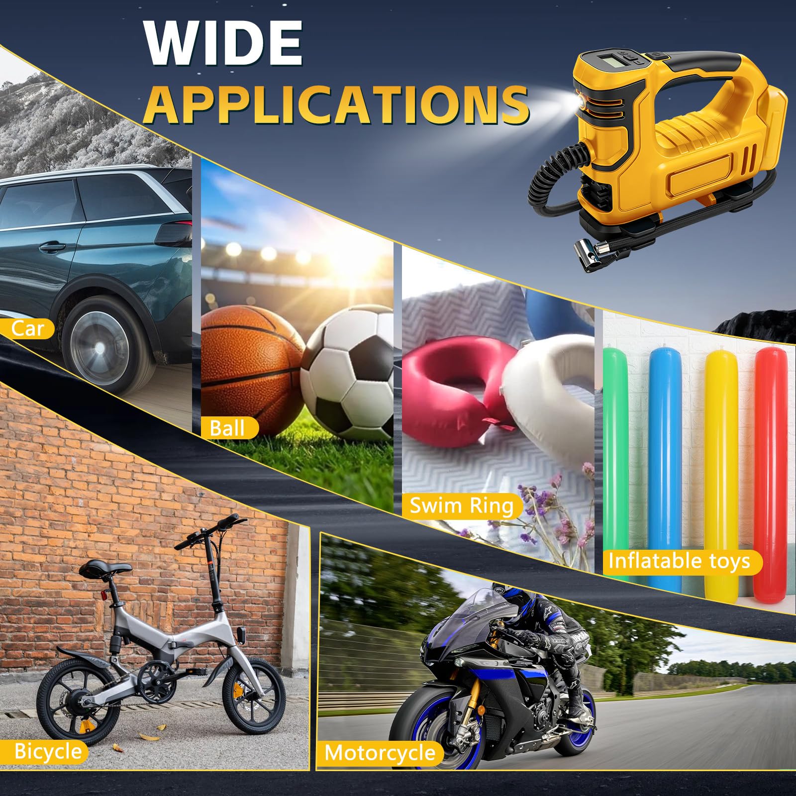 Compressore Aria 120 PSI compatibile con Dewalt 20V batteria, Pompa d’aria Portatile con Manometro LCD, con luce LED e arresto automatico, gonfiatore per auto, moto, biciclette, palle (senza batteria)