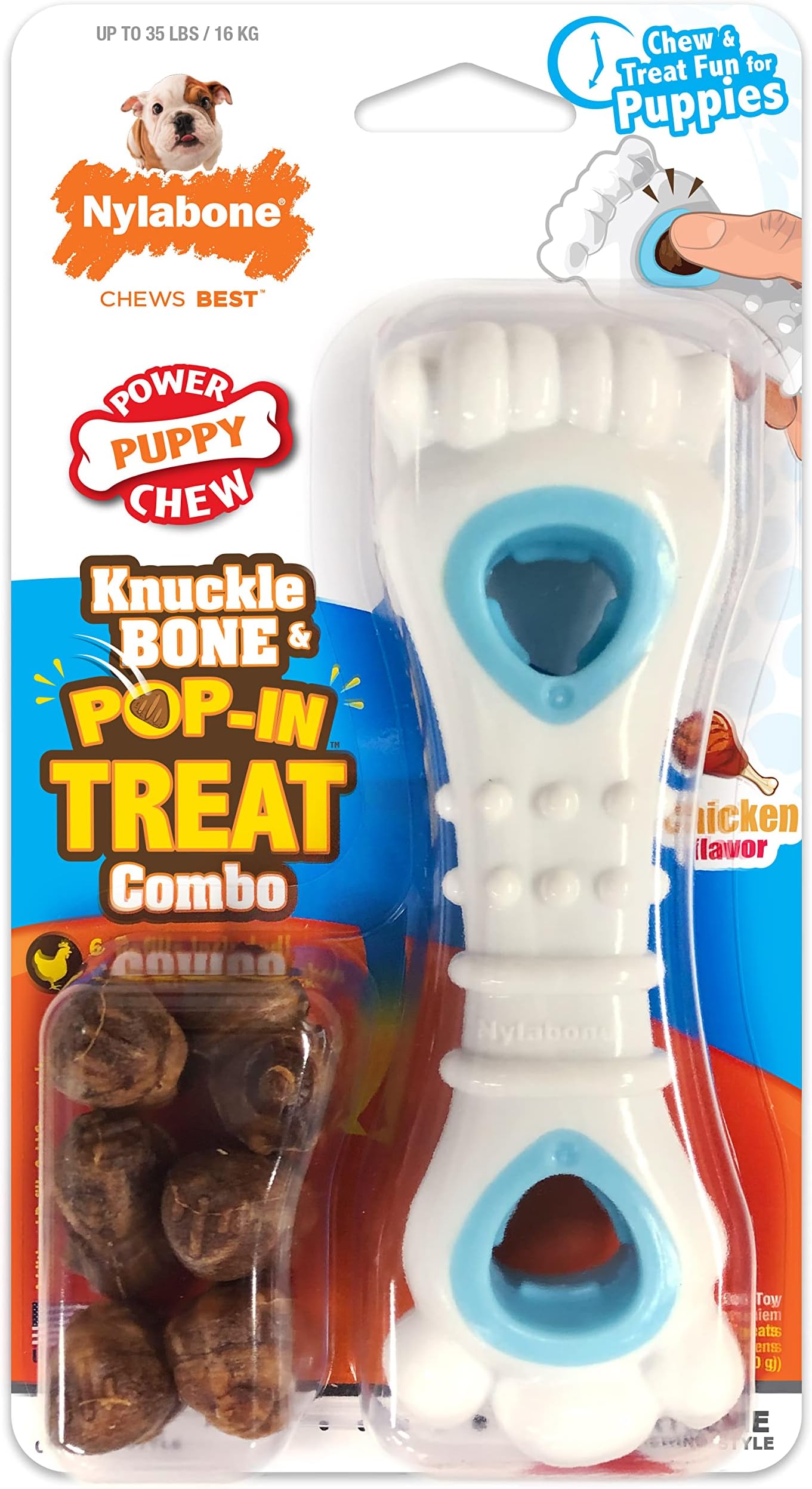 Knuckle Bone Pop-In Treat Toy Puppy Chew Toy for Puppies, Interactive Treat Dispensing Enrichment Toys for Puppies, Long Lasting Chicken Flavor, Medium Dogs - Up to 35 lbs