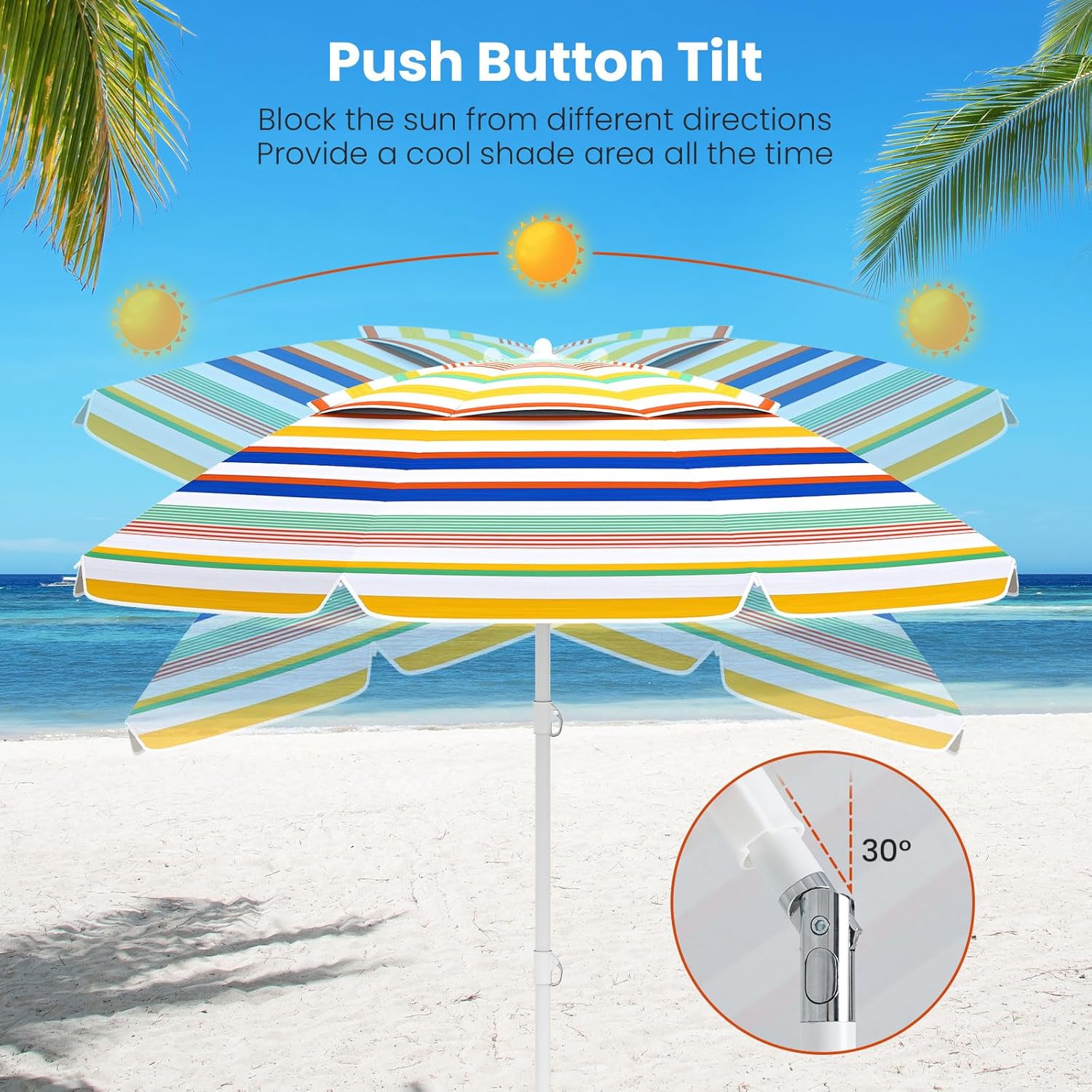 Tangkula 6.5 FT Beach Umbrella, UPF50+ Portable Outdoor Table Umbrella for Sand with Tilt Adjustment, Sand Anchor, Carrying Bag for Patio Deck Pool Backyard (Rainbow,6.5FT)