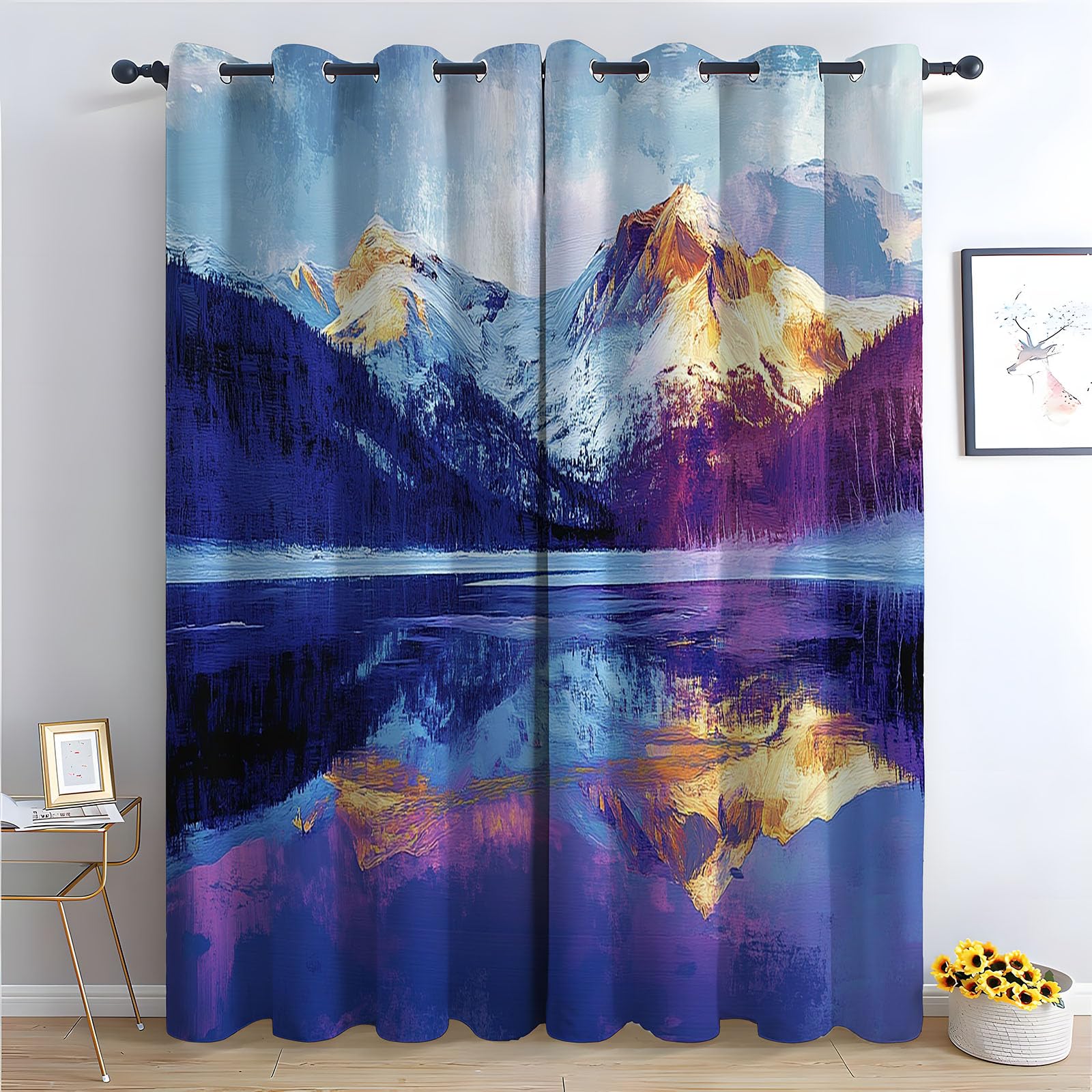 Rideaux de fenêtre pour chambre et cuisine motif montagne mauve