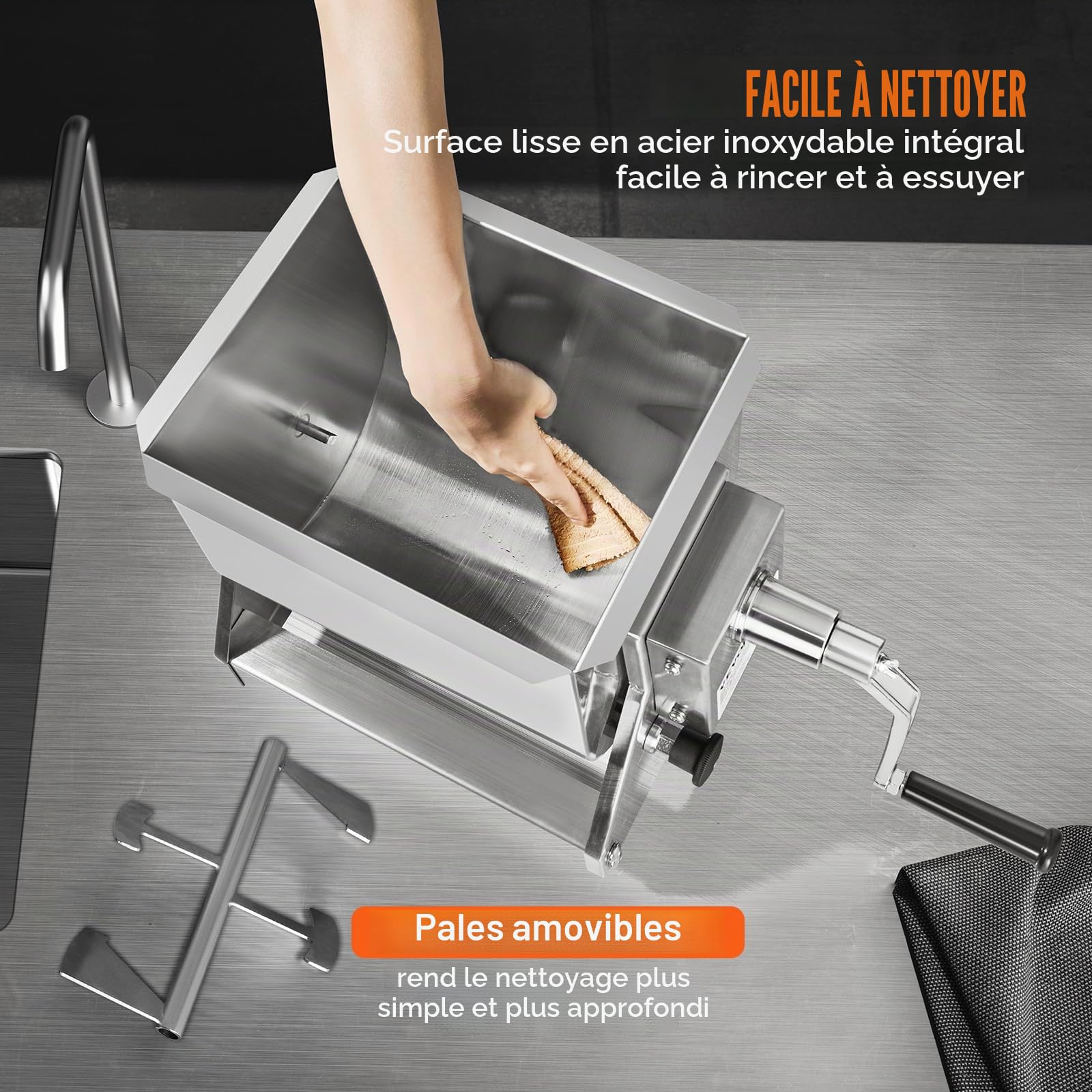 VEVOR Mélangeur à Viande Manuel, Équipement de Traitement de la Viande avec Réservoir Inclinable de 10 L, Machine à Mélanger pour Chair à Saucisse en Inox, avec Couvercle et Poignée, pour Bœuf Haché