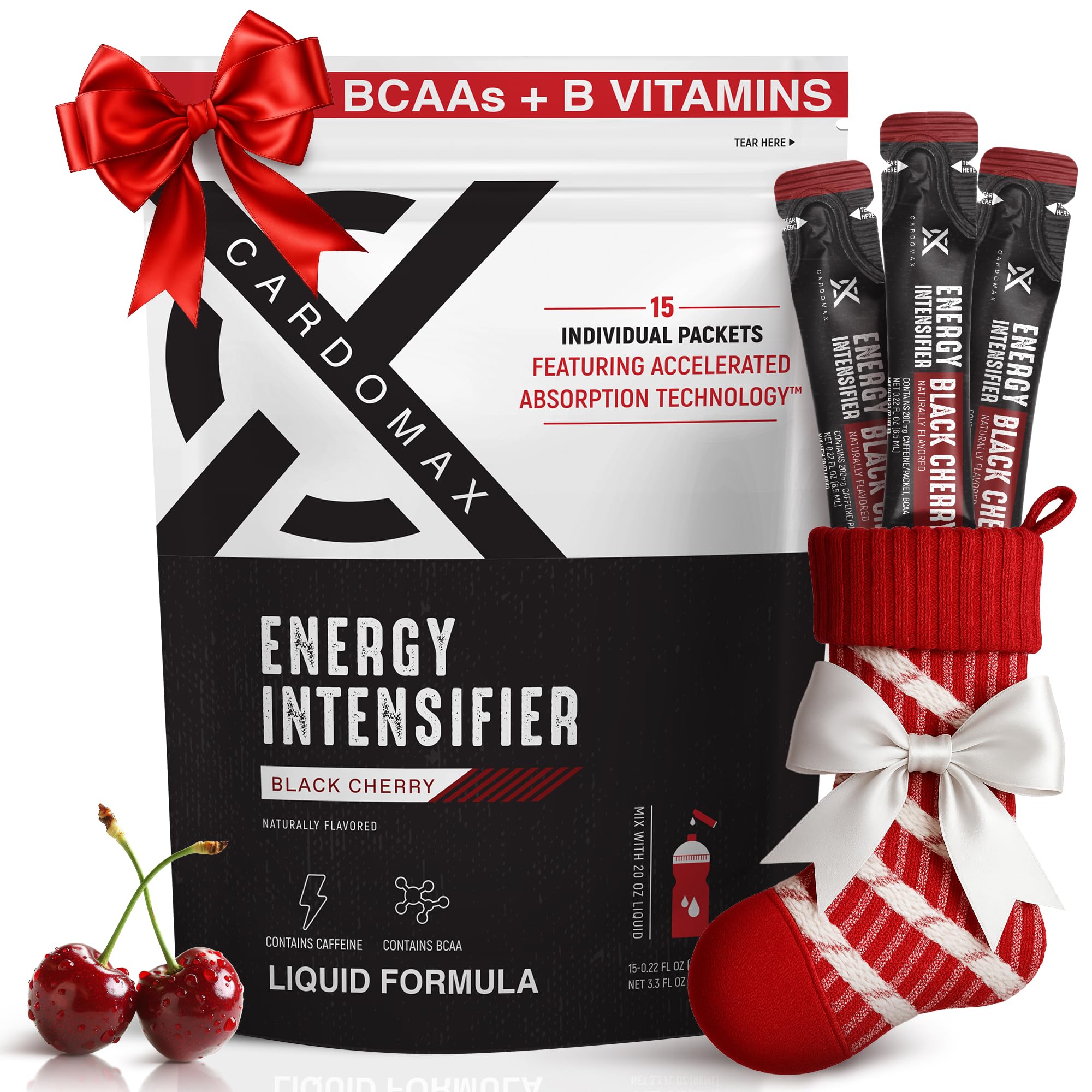 CardoMax - Energy Drink Packets - Liquid Preworkout for Men & Women Caffeine Packets with BCAA, Vitamin B12, Vitamin B6 & B3 - Sugar-Free, Zero Calorie, Vegan & Keto - 15 Stick Packs - Black Cherry