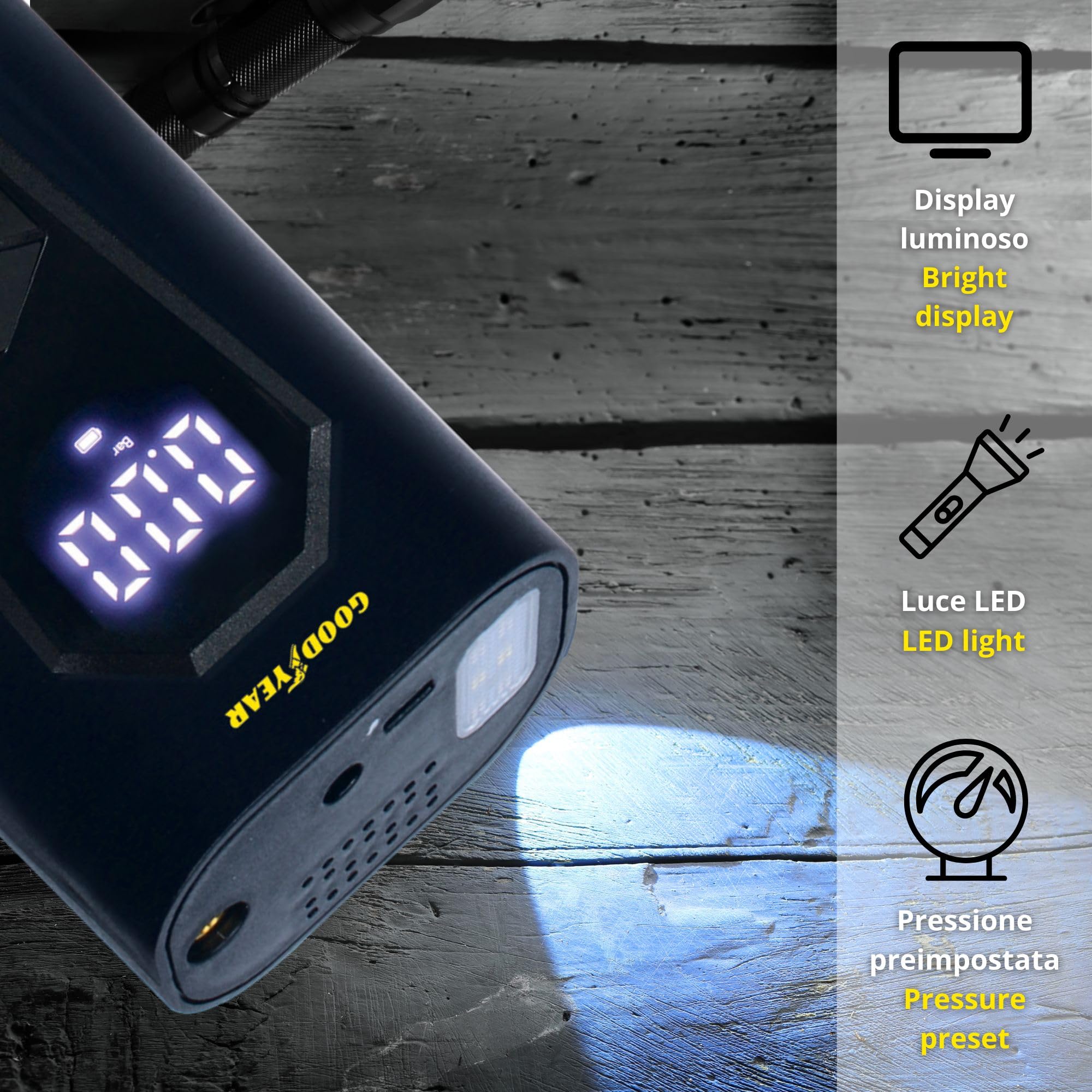 Goodyear, Compresor de Aire, portátil, inalámbrico, Recargable, 6000 mAh, 5 en 1: inflado, desinflado, medición de presión, batería Externa, Linterna 6 LED, Incluye Accesorios, Toma de Encendedor