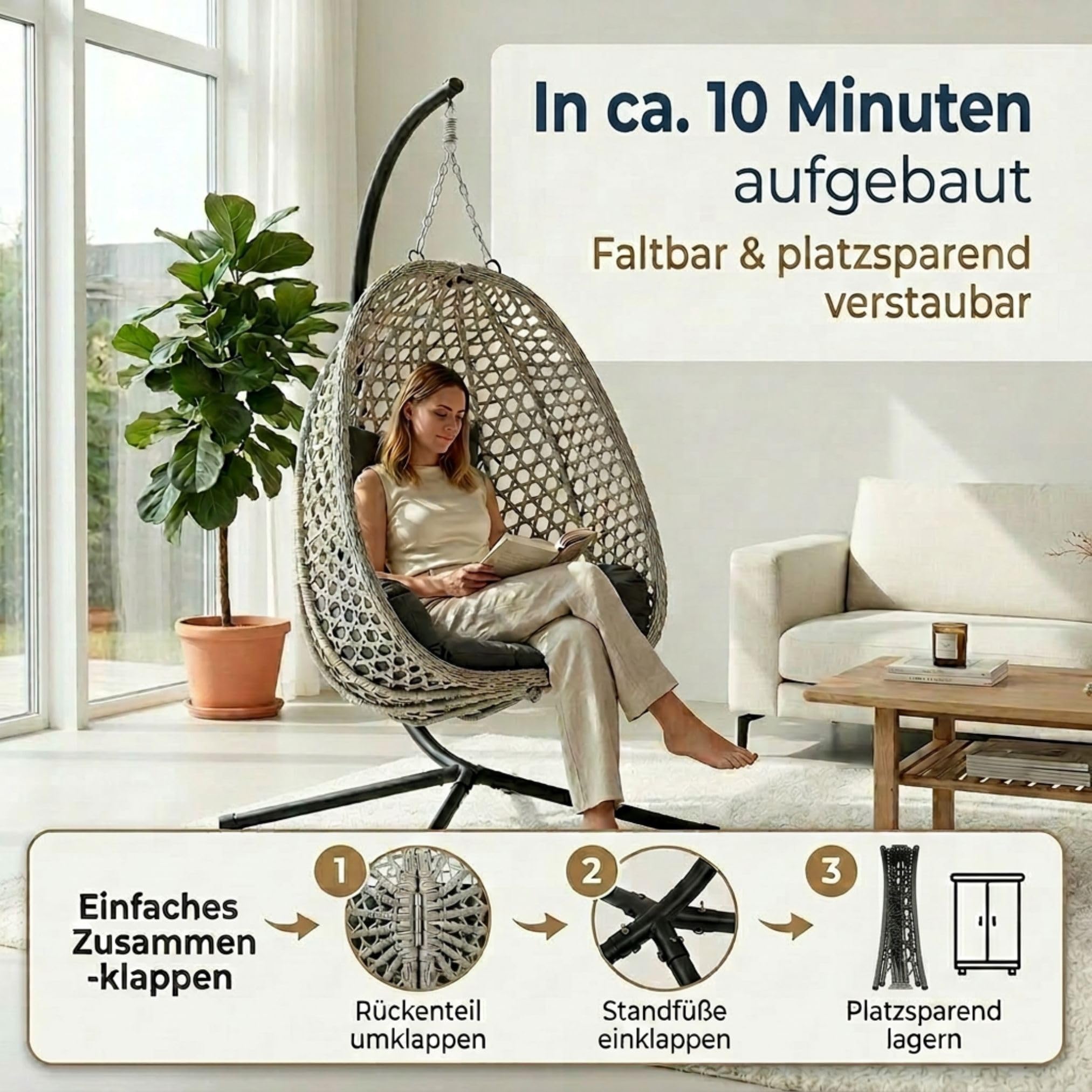 Luxus Hängesessel mit Gestell für Outdoor & Indoor – Ganzjähriger Loungesessel mit Sommer-/Winter-Wendebezug, bis 150 kg belastbar, inklusive robuster Abdeckplane, faltbar, Grau