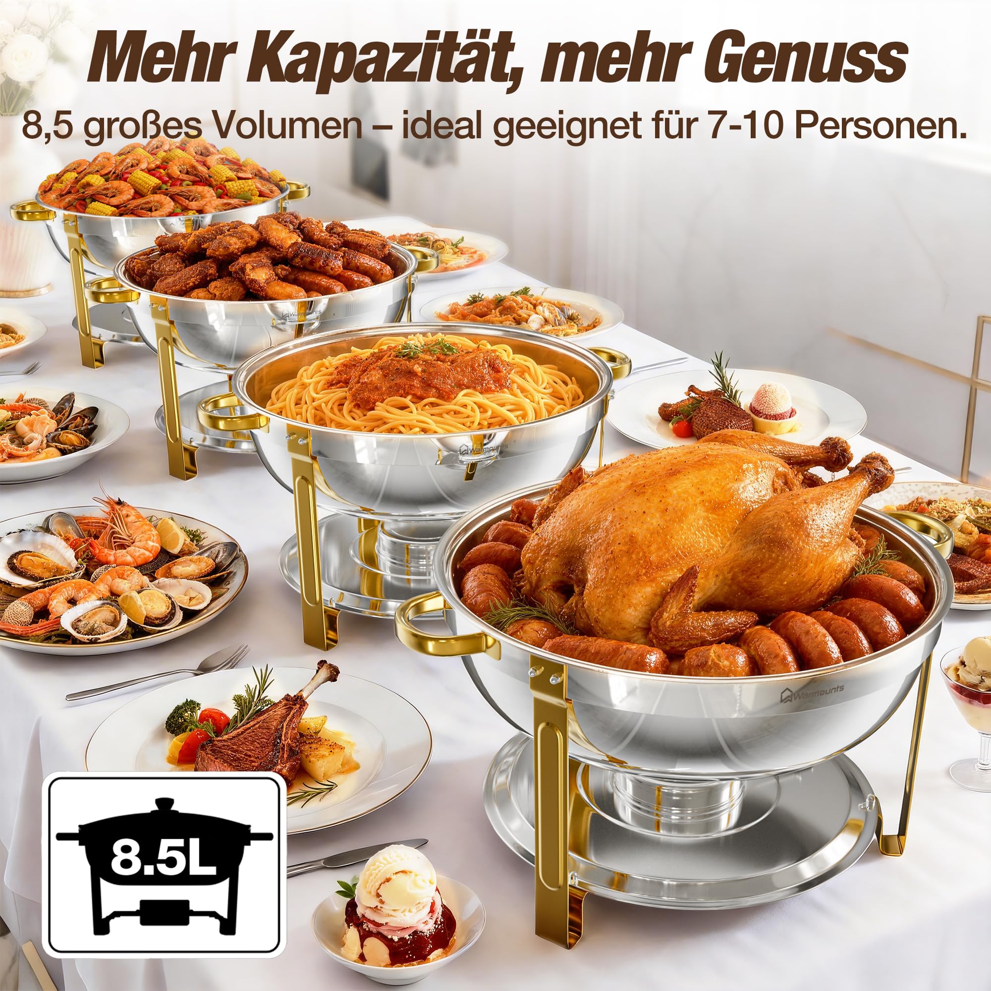 WARMOUNTS Chafing Dish 2er Set 8,5L Silber & Gold, Speisenwärmer Buffet Rund Edelstahl mit Gold-Akzenten & Deckelhalter, Warmhaltebehälter Stapelbar Catering Rechaud für Partys, Hochzeiten & Events