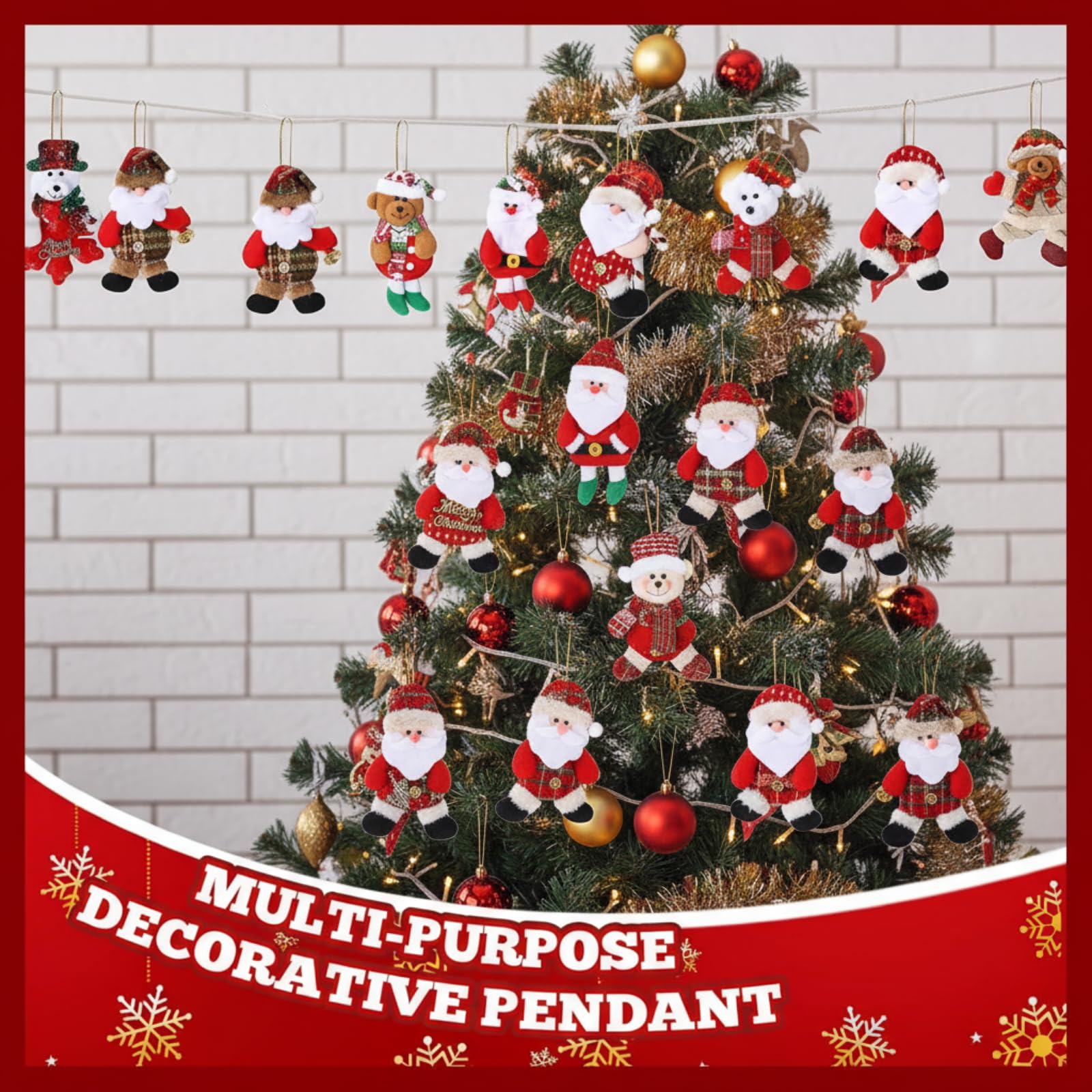 Suzile 100 adornos de felpa para árbol de Navidad, oso de Papá Noel, muñeco de nieve, decoraciones de Navidad, colgante tradicional de árbol colgante de Navidad, adornos de muñeca rústica para