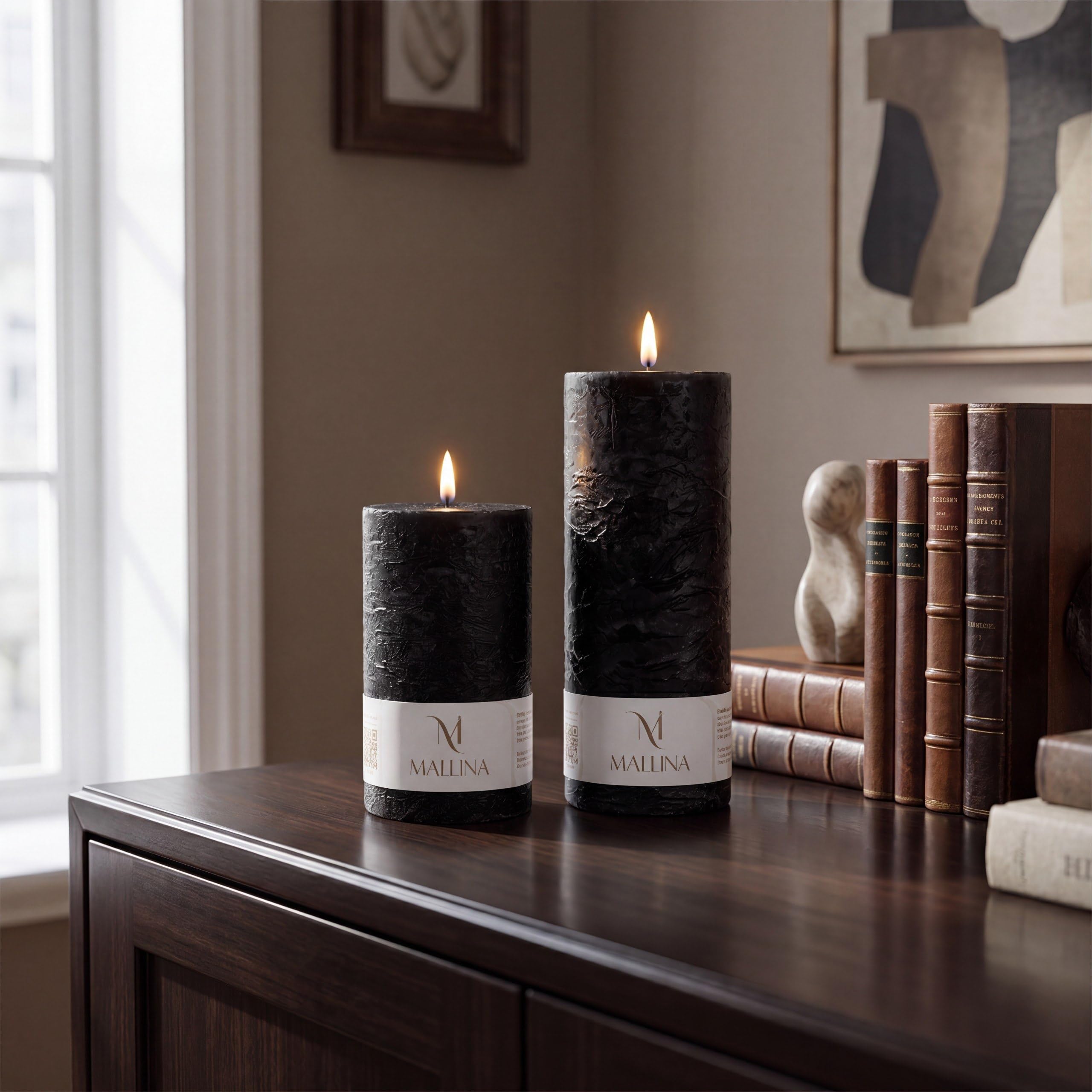 Mallina Pillar Candle Cylindrical Black 6x15cm | Burning Time 45h | Unscented Candles | Wedding, Church & Celebration Decor | Dining Table | Handmade Candles Gifts for Father