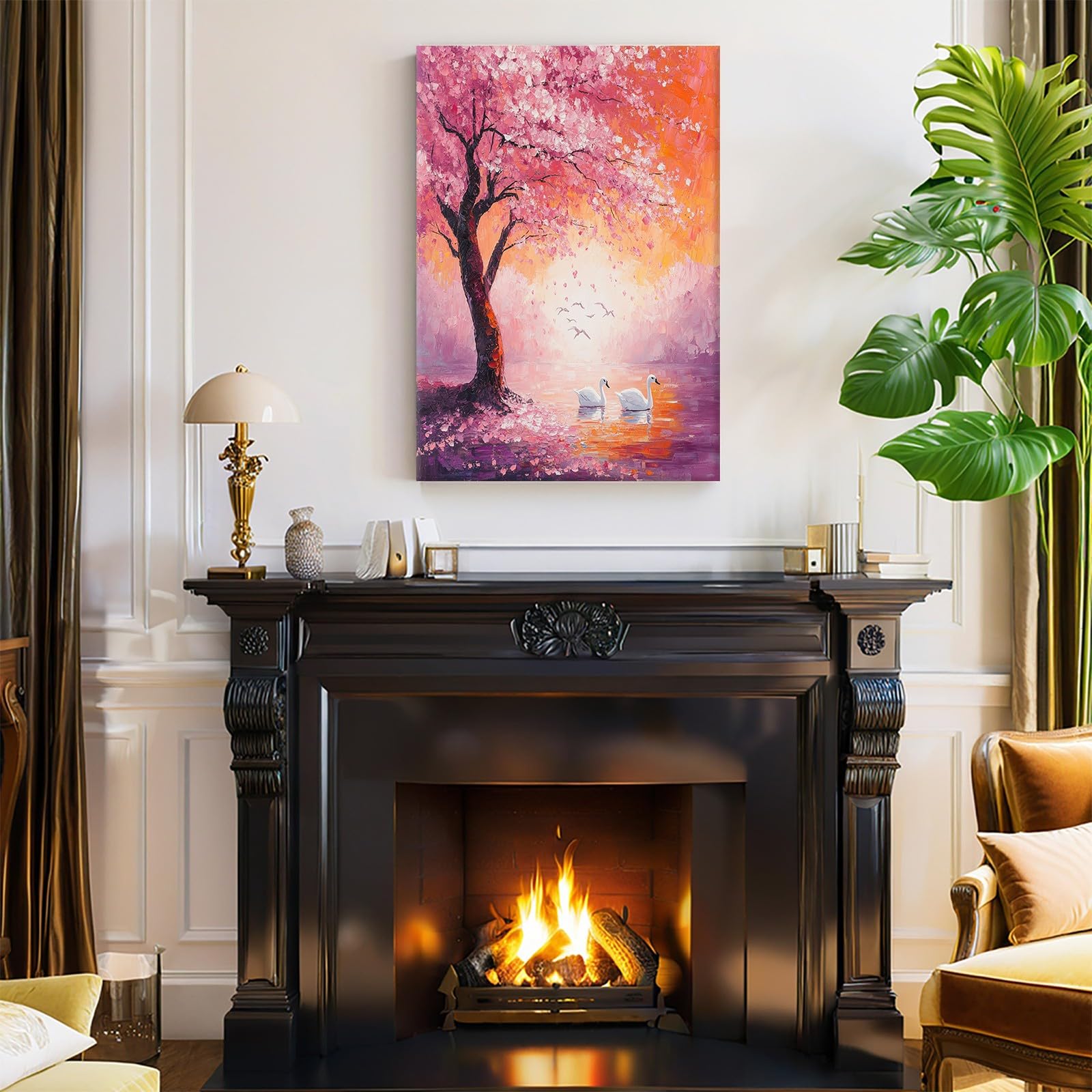Leinwandbild 70 x 50 cm Abstrakte Kirschblüten und Schwäne Kunstdruck Wandbild Foto Poster Bild Fertig zum Aufhängen Aesthetic Deko Flur küche Büro Villa Badezimmer