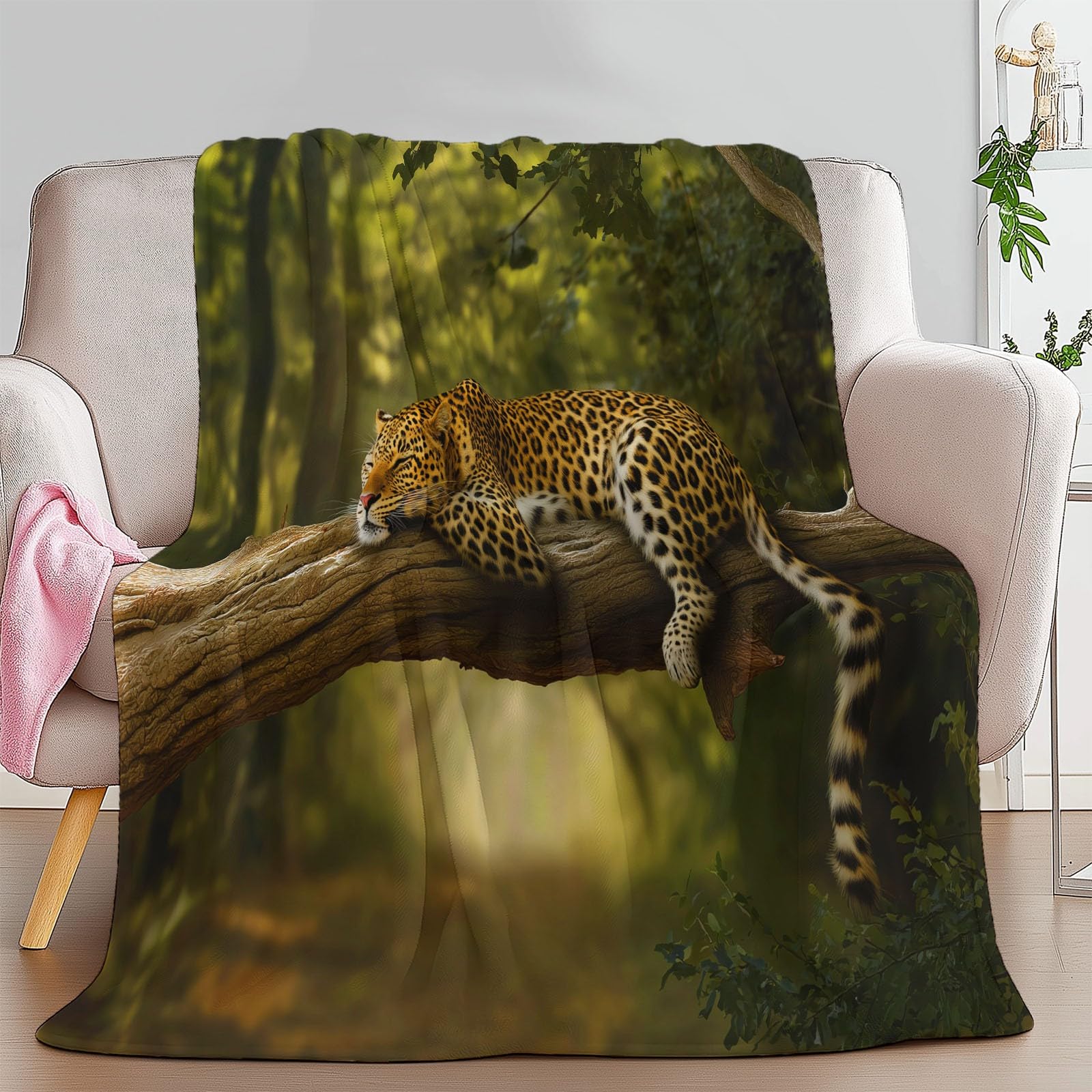 Miękkie gałęzie dżungli, zwierzę, panterka, koc sherpa 221 x 239 cm, dla dzieci dorosłych, natura, krajobraz, nadruk, flanelowa pościel, hipoalergiczna, ciepła narzuta na łóżko, na sofę, krzesło, do