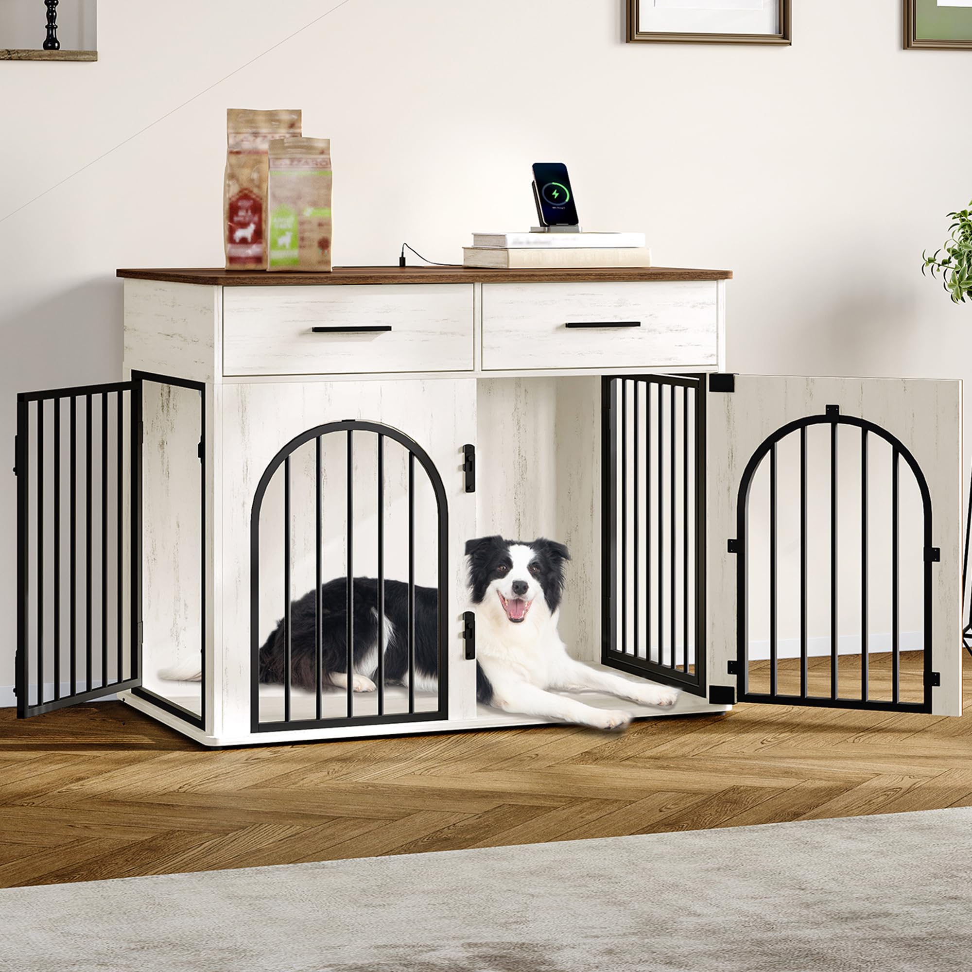 Hzuaneri 100 cm Mobile per Gabbia per Cani con 2 Cassetti Portaoggetti, Kennel da Interno con Stazione di Ricarica, Tavolino in Legno per Cani di Taglia Media/Grande, Bianco Marrone DFC87214B