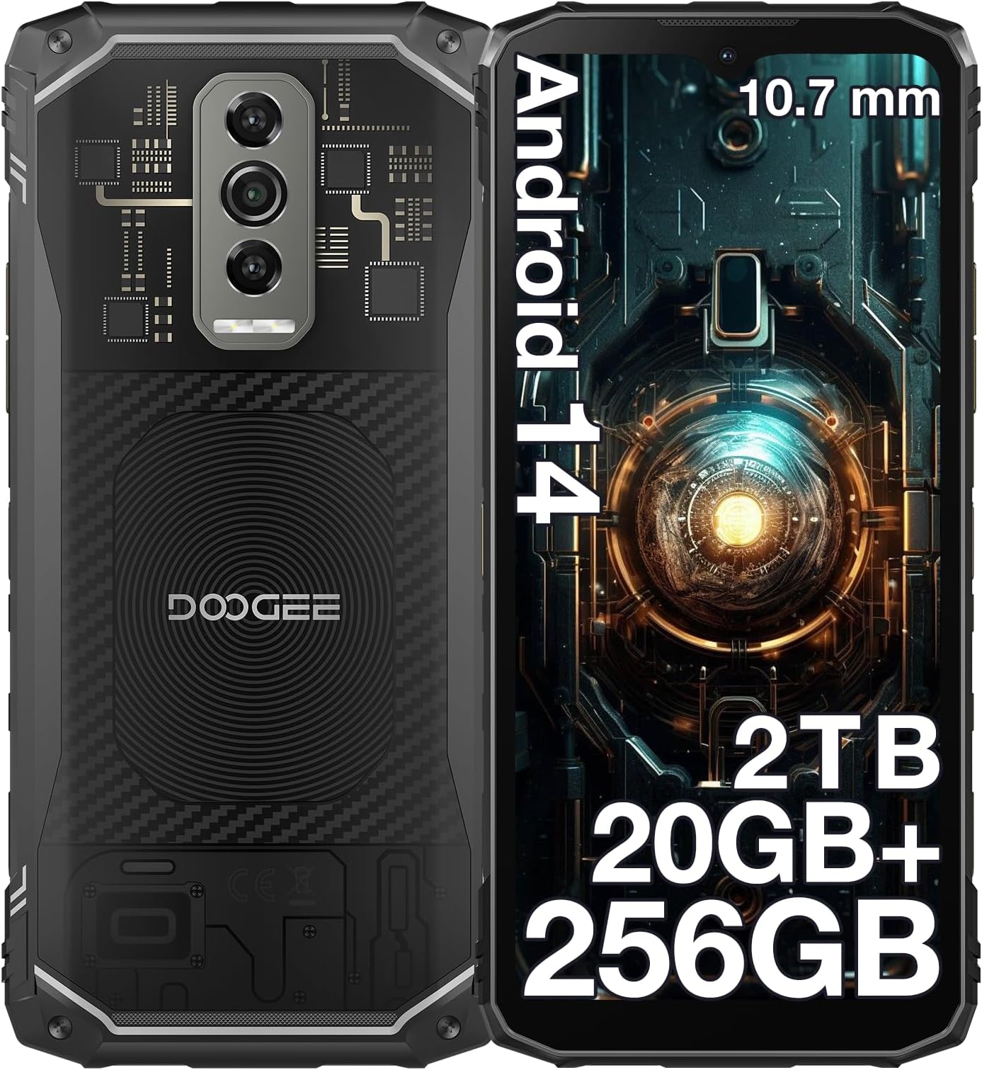 DOOGEEBlade10 Ultra (2024) Rugged Smartphone Android 14, 20GB+256GB/2TB TF, 10.7mm Ultra-thin, 6.56" 90Hz, 50MP Camera, 3 Card Slots, 4G Dual SIM IP68/IP69K Rugged Phone, 5180mAh, NFC, Transparent