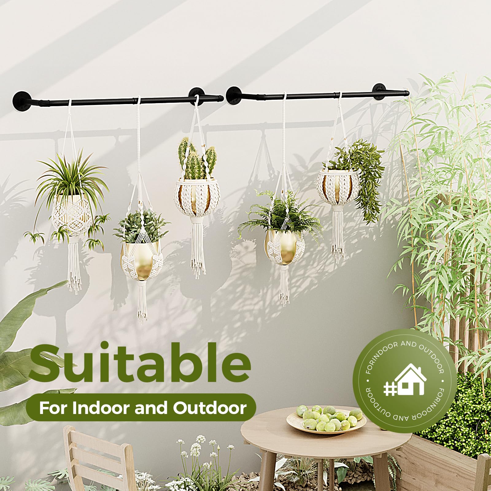 Fioriera Sospesa Bamworld In Metallo Nero Per Piante Interne - A Soffitto O Parete, Asta Porta Vasi Per Soggiorno E Cucina