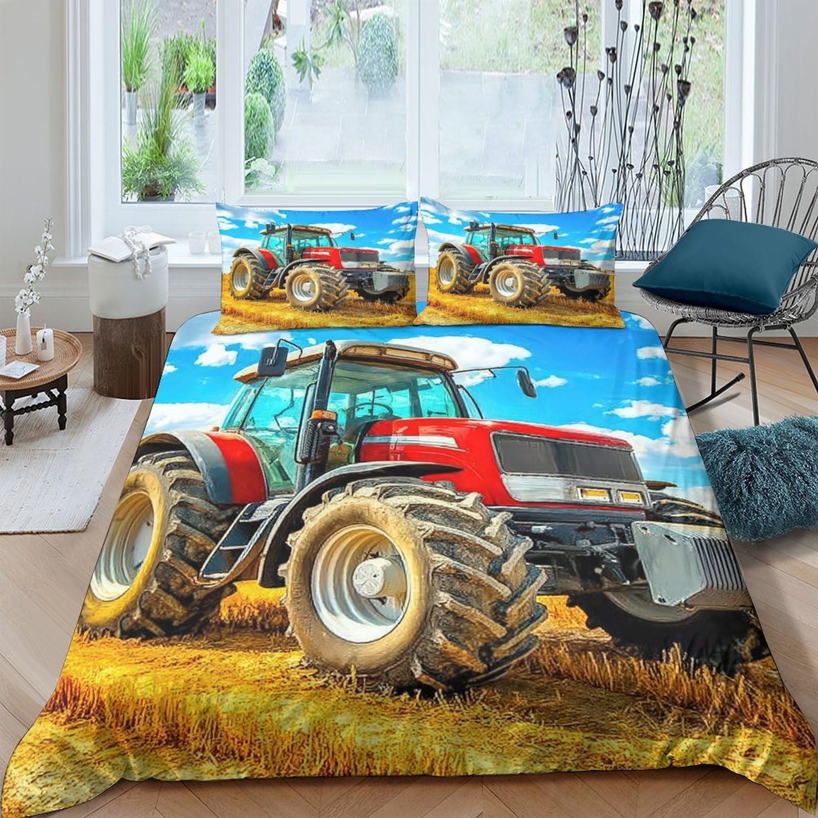Ctjqhvkz Style-5 3D Printed Red Tractor Fitted Sheet Microfiber Soft Non Slip Farm Scene Bed Cover For Bedroom Dorm Mattress Protection Single（135X200cm）