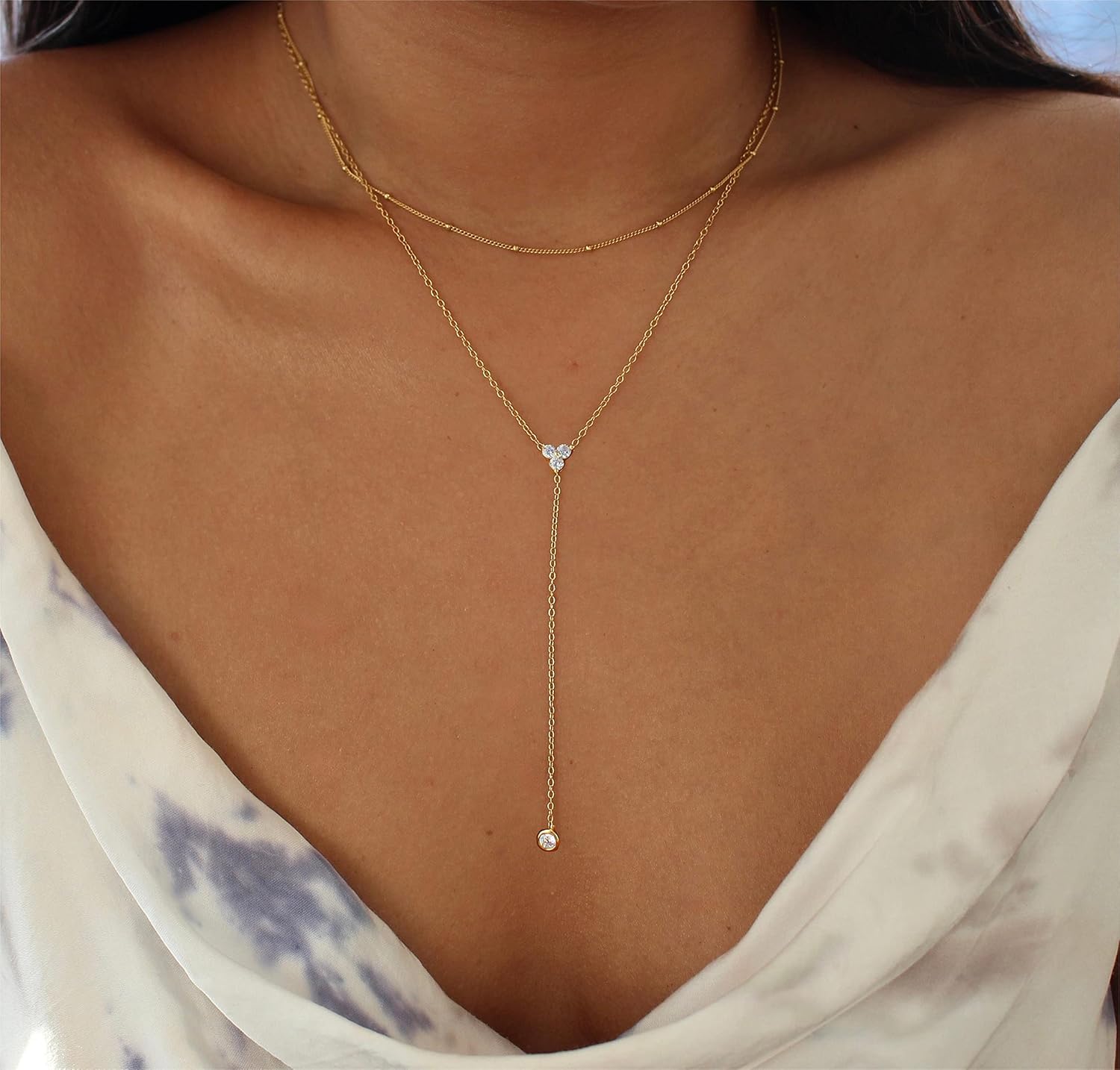 Foxgirl Lariat Gold Necklace for Women, Dainty Long Necklace 14k Gold Plated/Silver Y-Shaped Pendant Necklace Trendy Layered Cz Beaded Chain Drop Necklaces Simple Gold Jewelry For Women Gift - Image 3