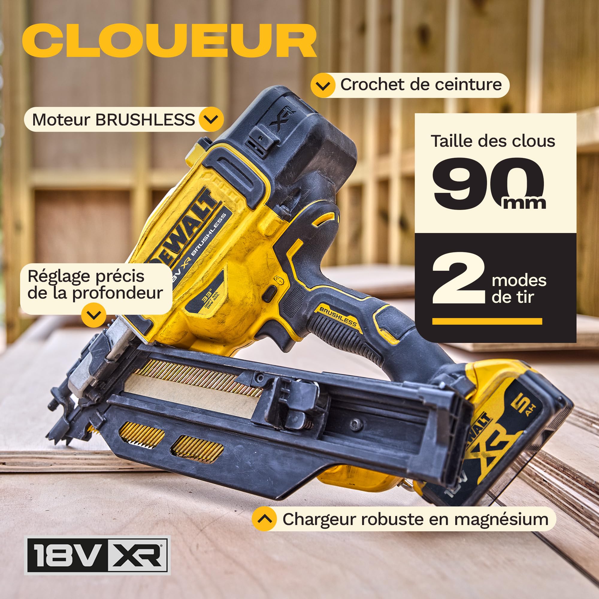 DEWALT 18V XR Cloueur de Charpente Brushless Nouvelle Génération, Outil seul, DCN950N-XJ