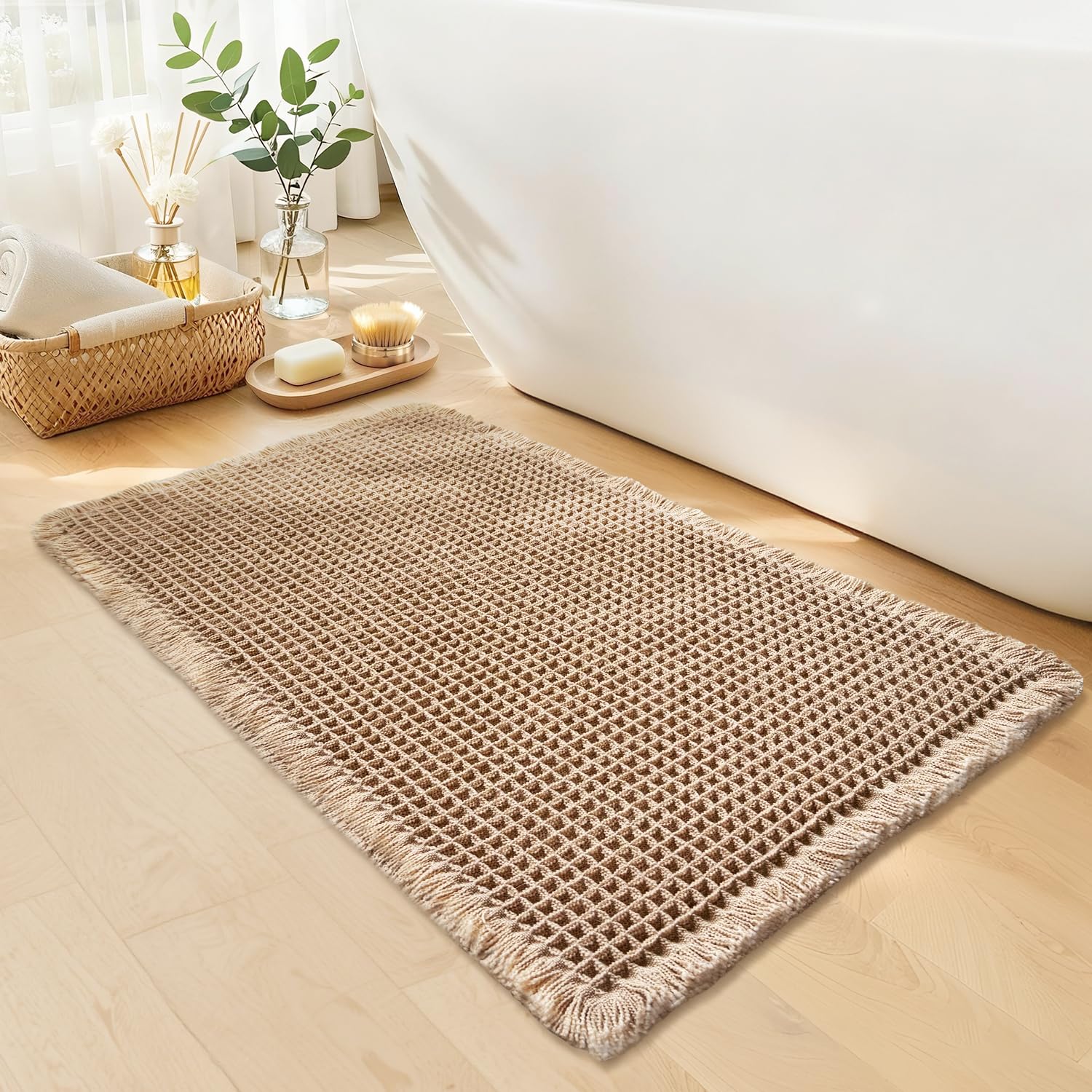 GRLYUH Waffle Bath Mat - Boho Bathroom Rugs Non Slip Washable, Super Absorbent & Quick Dry, Soft Bath Mat Farmhouse Bathroom Decor, 24'' x 36'', Khaki