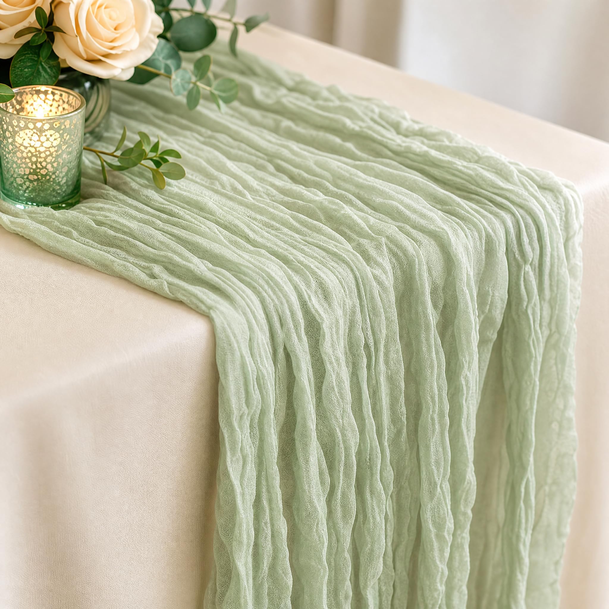 Mzbnfa Cheesecloth Sage Green Table Runner 90x300cm (35"x118"), Rustic Boho Gauze Fabric Table Runner for Wedding Shower Baby Shower Birthday Party Home Dining Table Decorations（Sage Green） — image 1