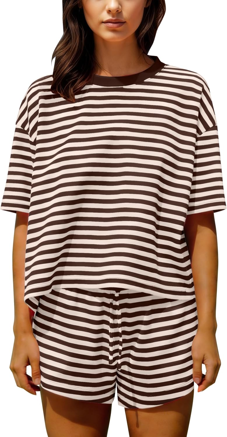 Ythomm Striped Pajamas Shorts Sets Women 2 Piece Lounge Outfits Short Sleeve Tees Drawstring Shorts Summer Matching Pj Sets