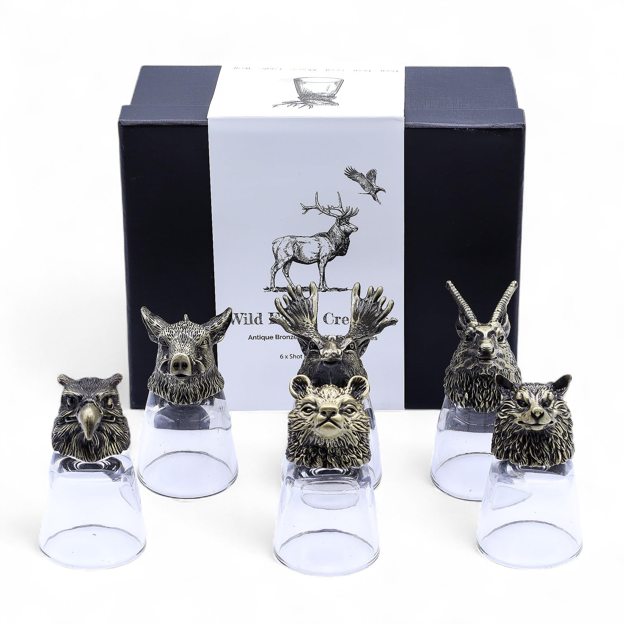 Ancient Wisdom Lot de 6 verres à shot en verre et laiton, 50 ml, bronze antique, thème créatures de la forêt sauvage, coffret cadeau