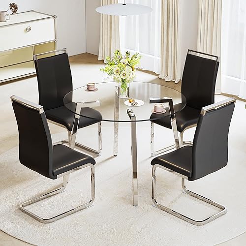 Miniatura 16 de Juego de mesa de comedor gopop de 5 piezas para 4, juego de mesa de comedor redonda de vidrio para 4, mesa de vidrio templado con 4 sillas con Mesa