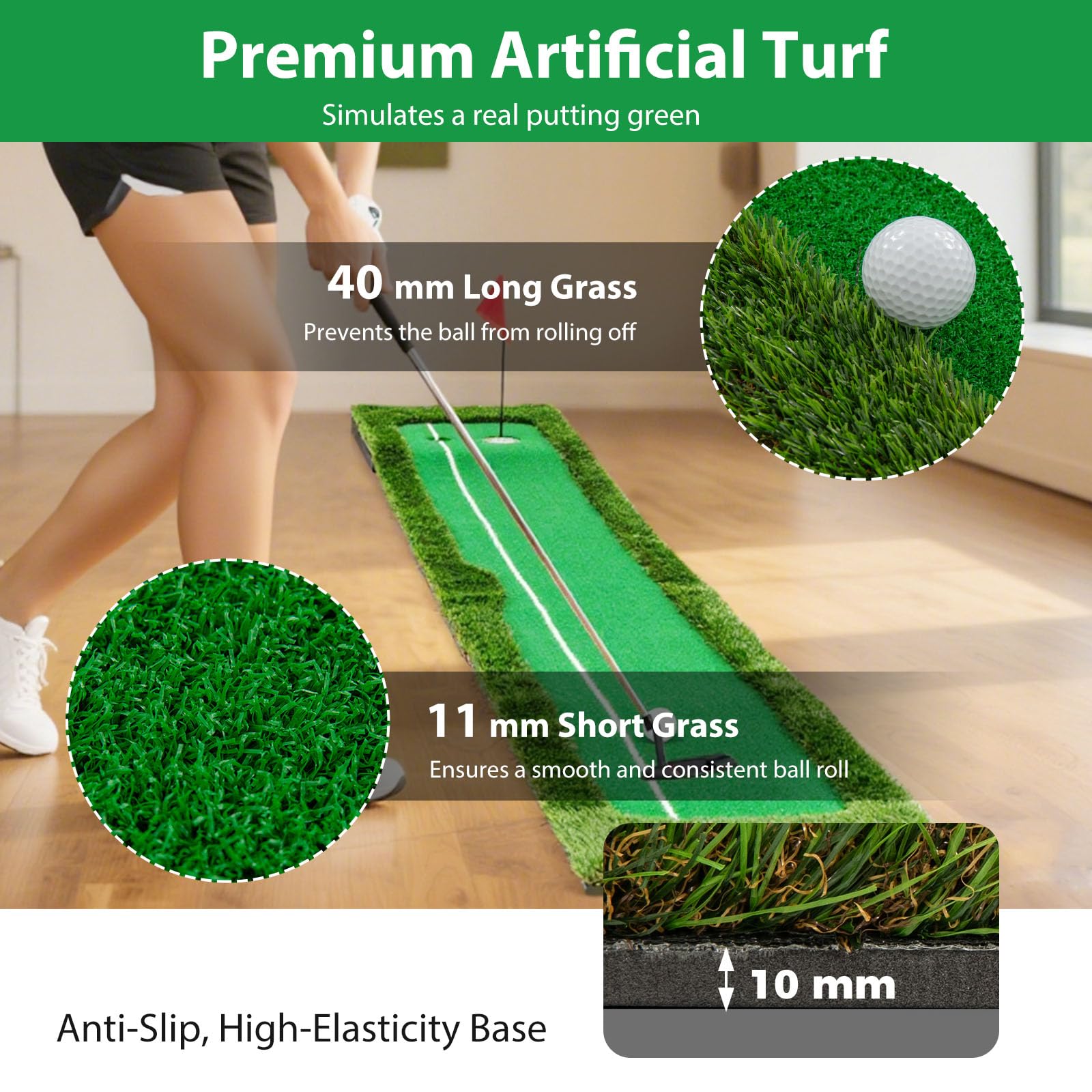 LIFEZEAL Alfombrilla de golf de 300 cm, equipo de entrenamiento de golf con 3 pelotas de golf, mini esterilla de ejercicio con 2 tamaños de agujeros para interior, exterior, alfombrilla de putting