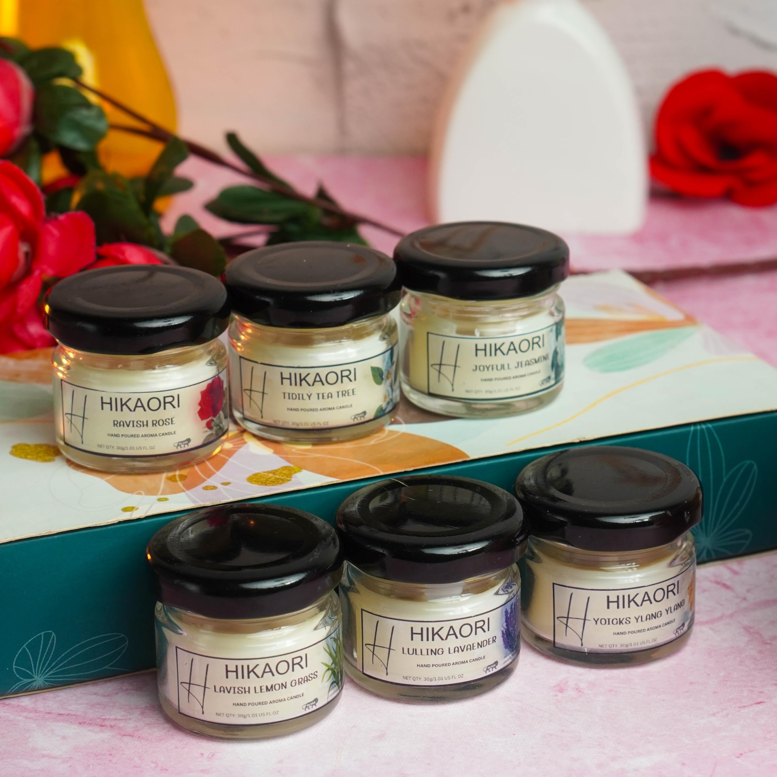 Hikaori Scented Candles Highly Fragranced Wax Candle Big Size for Home Decoration Aroma (100% Soy Wax)- Handcrafted| Aromatherapy Fragrance Pillar Candles (6 * 30gm) Long Burning Time Up to 8 Hours