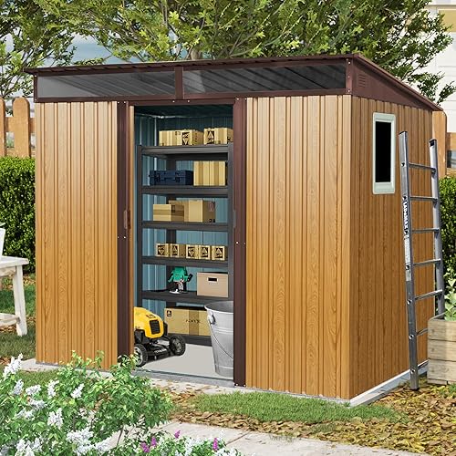 Vista 17 de Cobertizo de almacenamiento para exteriores de 6 x 4.5 pies, cobertizo de jardín de metal galvanizado con ventana y base de metal, cobertizo