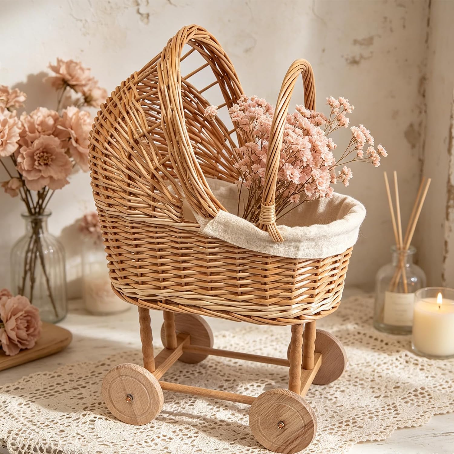 Vintage Woven Rattan Baby Carriage Basket – Handcrafted Wicker Stroller for Baby Shower, Flower Girl Basket, Baby Things, Rustic Home Decor, Photography Props, Floral Arrangements (Large)