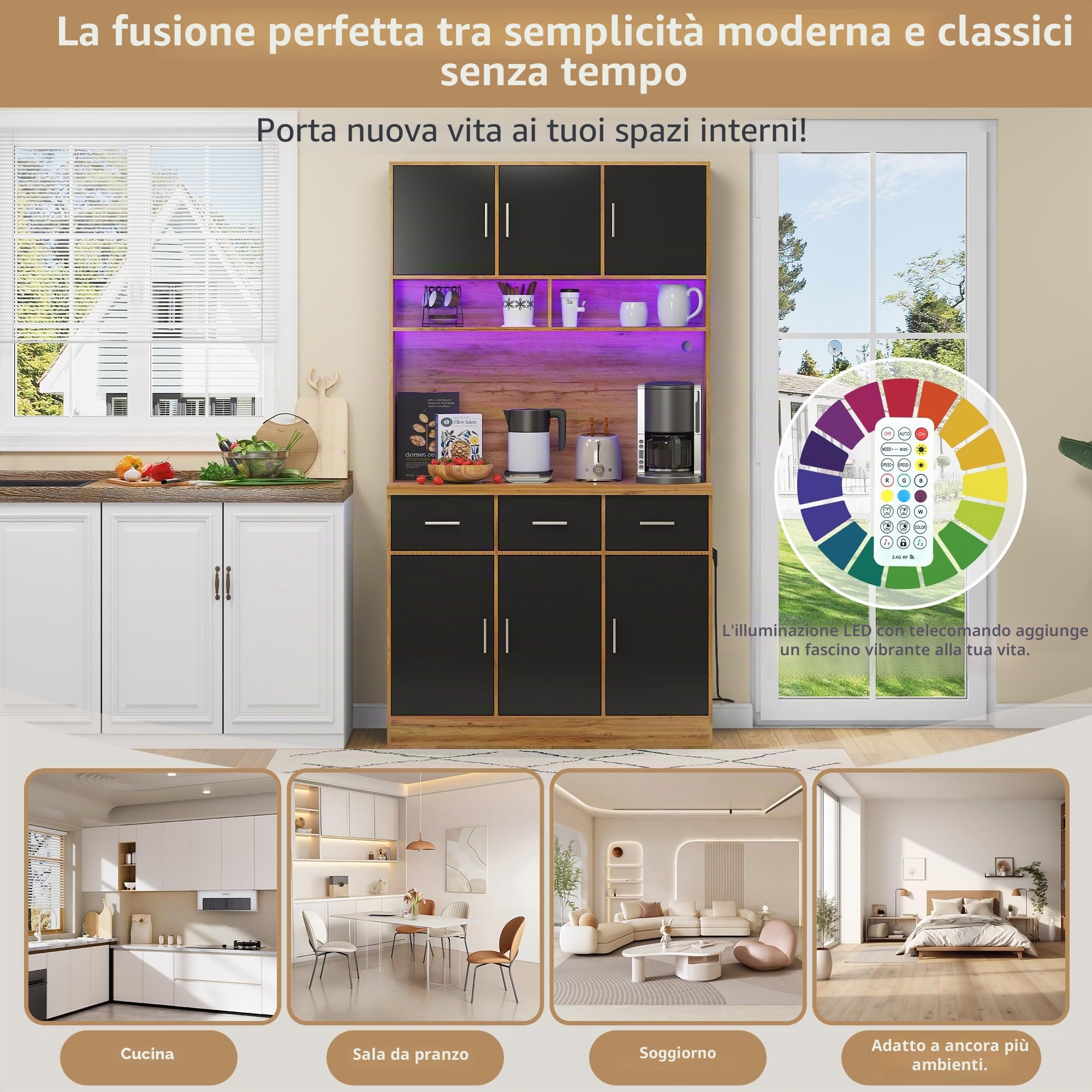 Armadio buffet, 100 x 40 x 180 cm, buffet con illuminazione a LED con telecomando, cassetti, ripiani regolabili, fori di gestione dei cavi e prese, per cucine e sala da pranzo (colore legno)