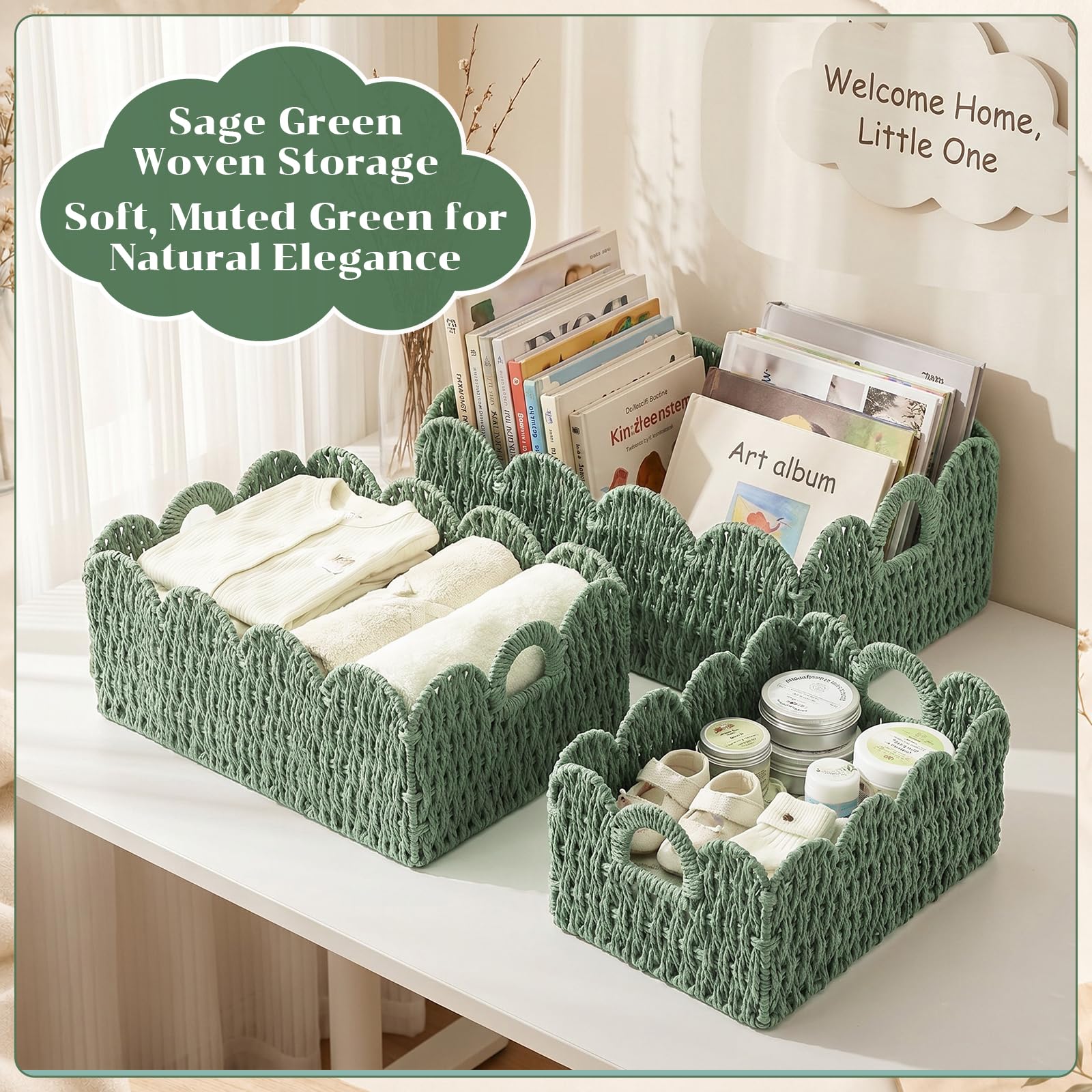 Newtay Juego de 3 cestas de mimbre festoneadas de cuerda de papel, cestas de almacenamiento de pañales, contenedores tejidos decorativos verde salvia con asas para estantes de guardería, libros