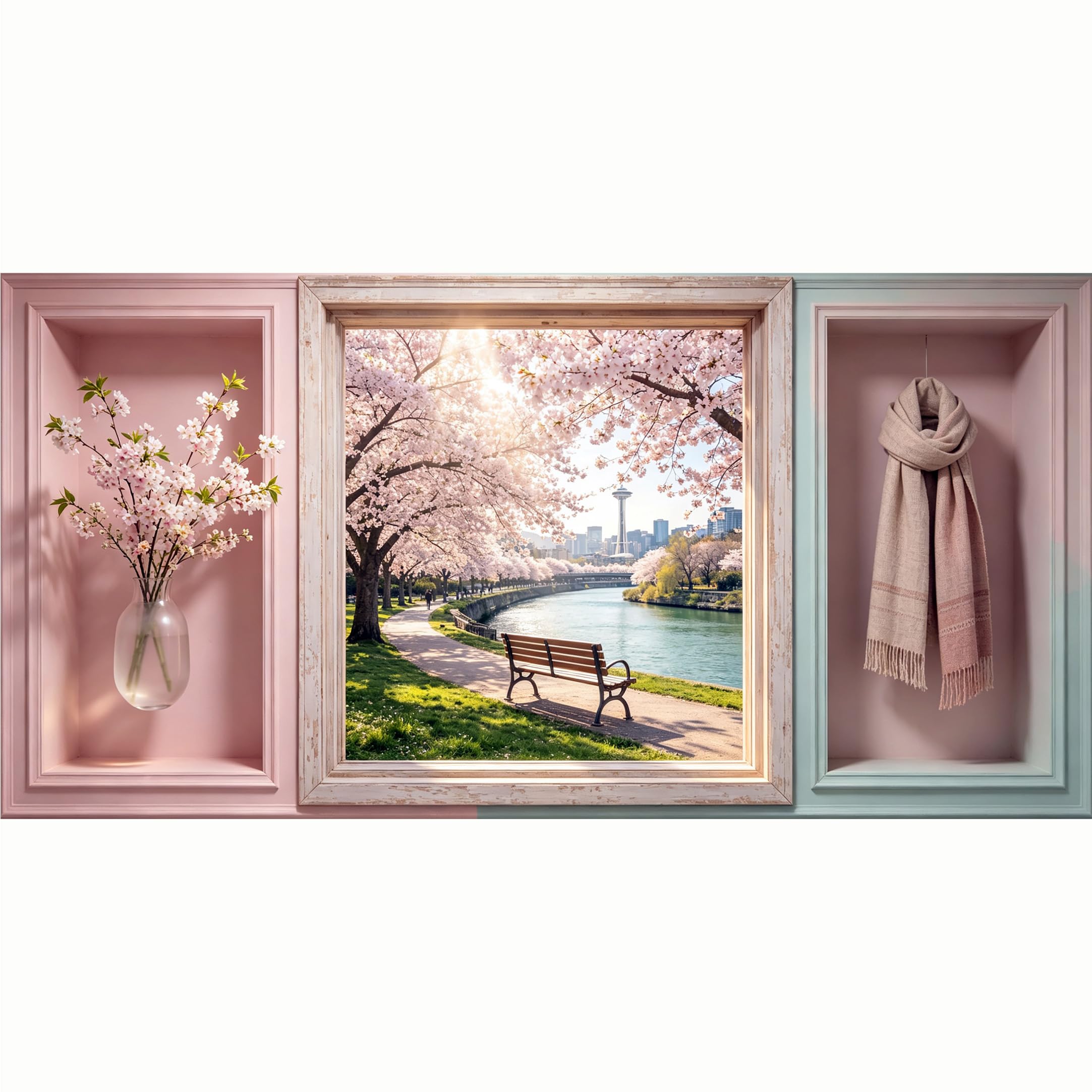 QZLITHOTIC 50x100cm 3D Framed Wall Art， Cherry Blossom Park Riverside Landscape Self‑Adhesive Mural， Water‑Activated Peel & Stick Fabric Decor Wall Decal for Bedroom Living Room