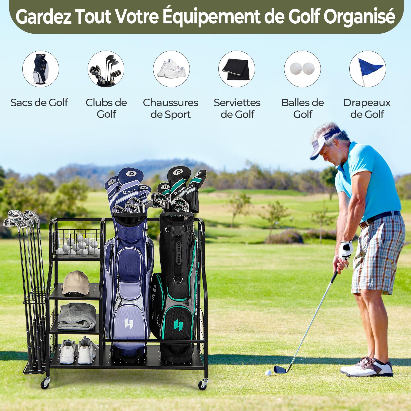 GYMAX Organisateur Rangement pour Clubs de Golf avec 4 Roues Verrouillables, Rangement de Sac et Accessoires de Golf avec Étagère et Crochets