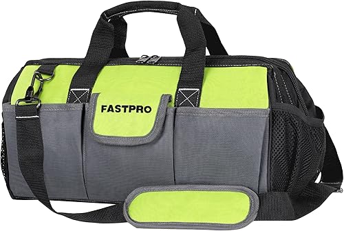 FASTPRO Bolsa de herramientas de 16 pulgadas, organizador de herramientas de boca ancha con gran capacidad, múltiples bolsillos y correa de hombro