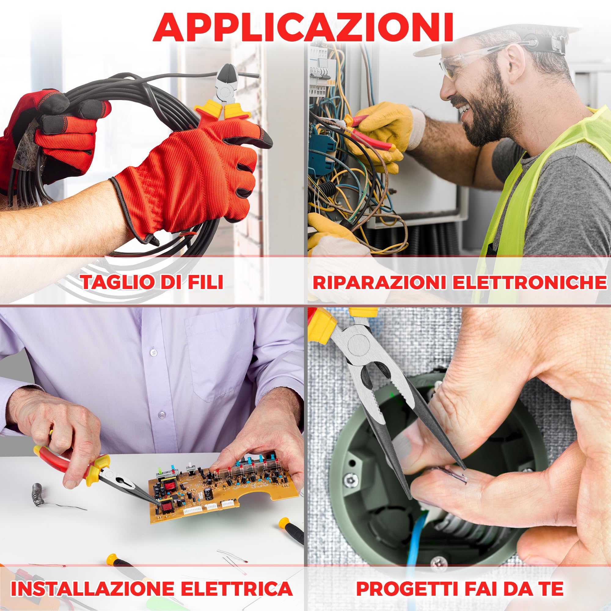 Set di pinze per elettricisti Effektwerk da 3 pezzi, isolate e testate VDE, combinate, pinze lunghe/a becchi d'ago e laterali/a taglio diagonale