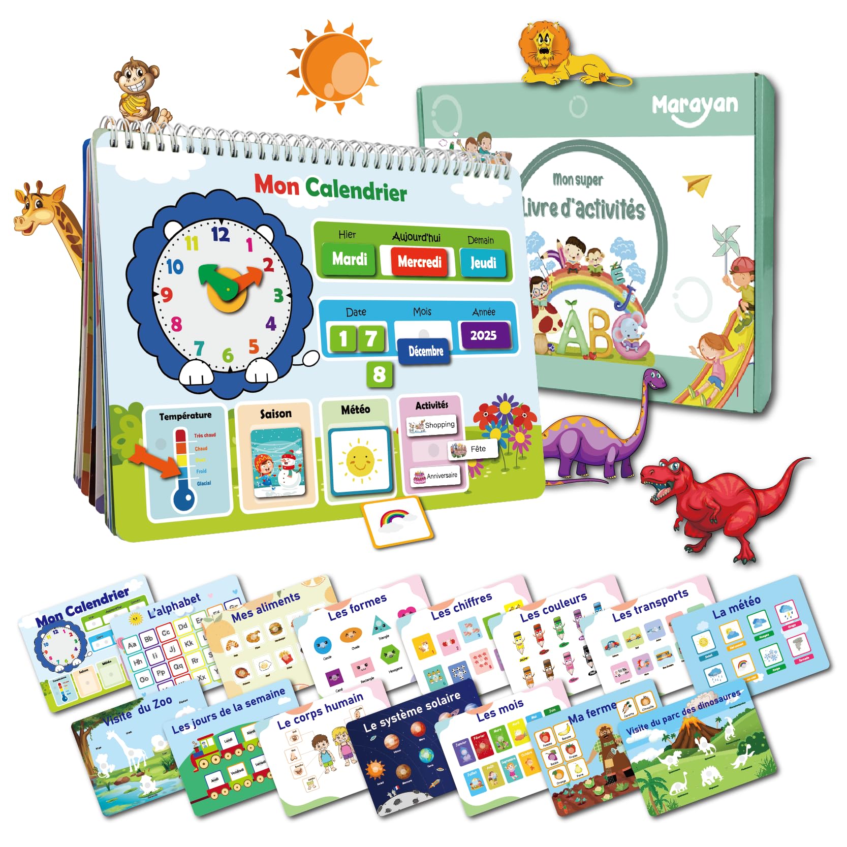 MARAYAN Quiet Book Montessori - Livre Activites Enfant 2 3 4 5 Ans, 15 Themes Educatifs en Francais, Motricite Fine & Alphabet, Cadeau Fille Garcon Anniversaire Noel Voyage, Busy Book, Jouet Sensoriel