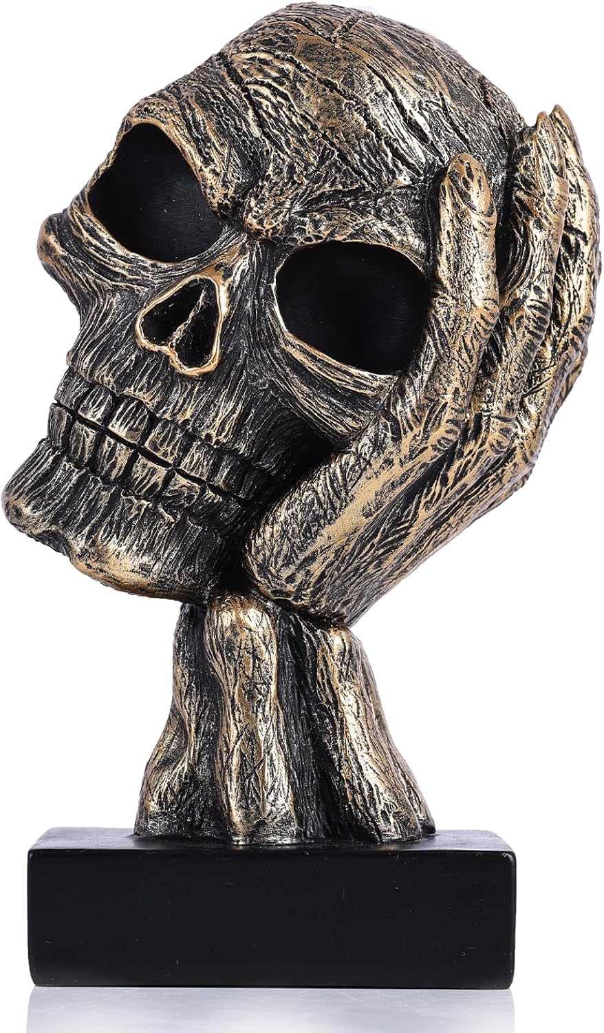 Hear No Evil Skeleton Thinker Figurines - Gothic No Hear No See No Speak Home Decor Statue for Bookshelf Desk Office Halloween Skulls Decorations - 7.2" Tall (Hear No Evil)