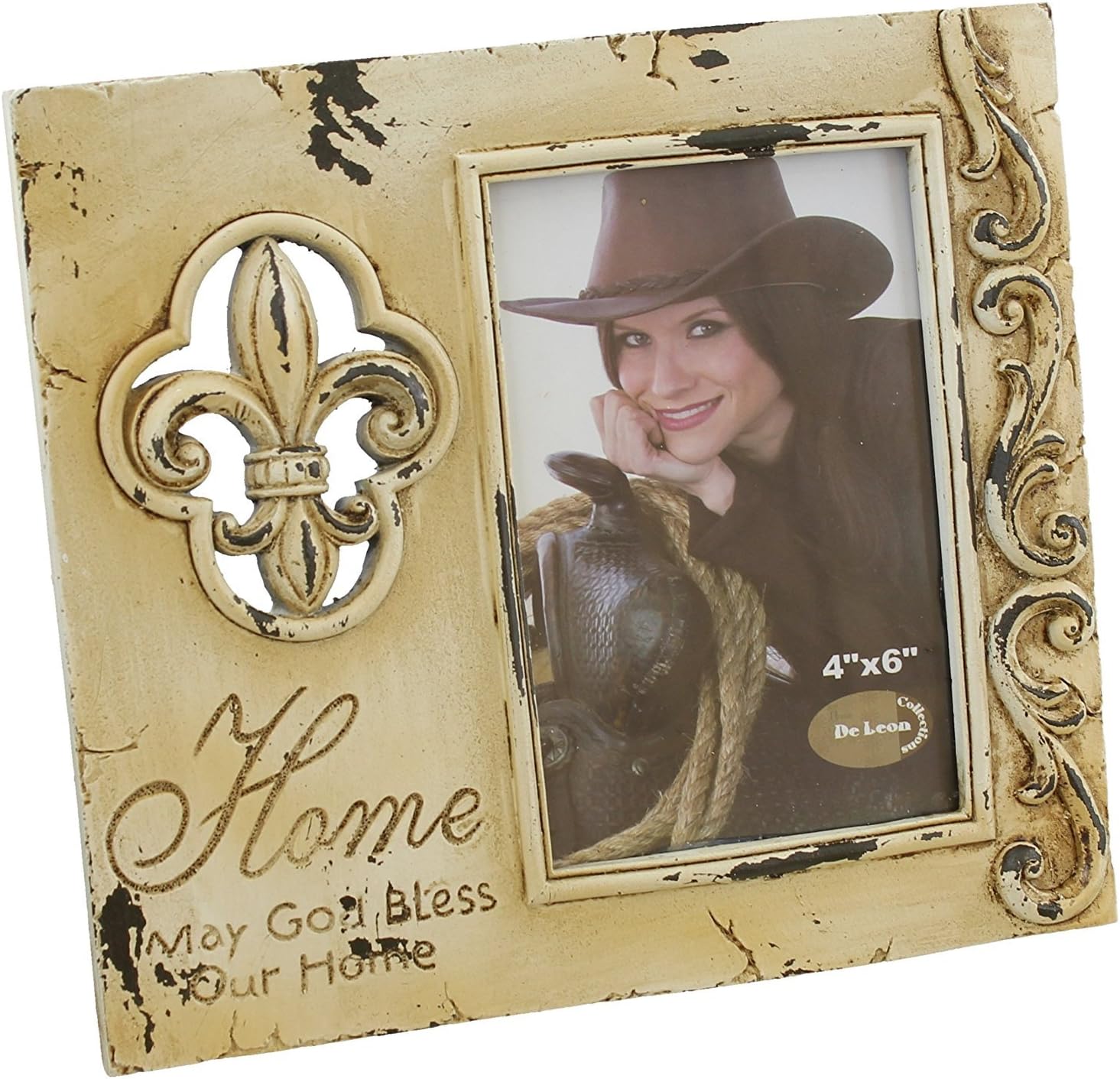 Rustic Fleur-de-lis Weathered Look Picture Frame 4" X 6" - Chalk Paint Finish - May God Bless our Home