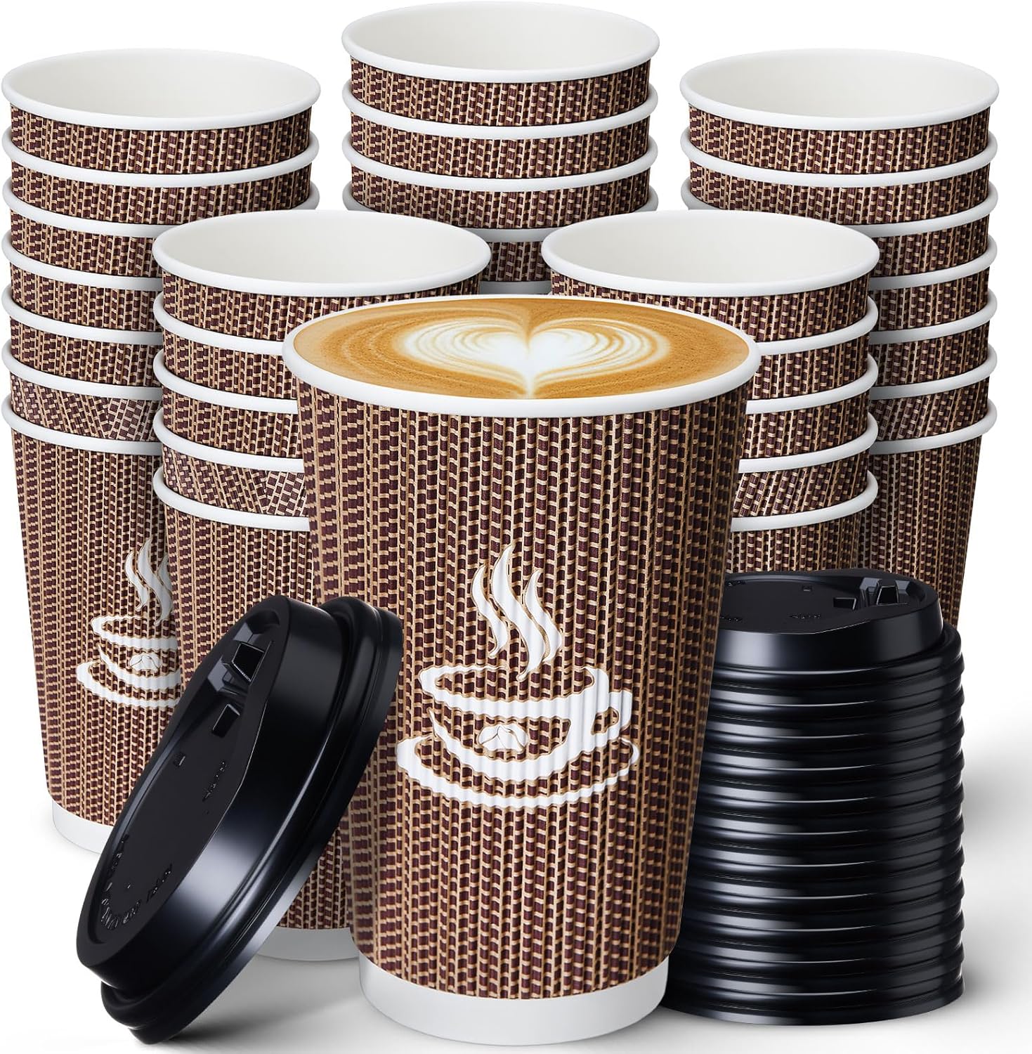 Layhit 100 Sets Disposable Coffee Cups with Lids 16 oz Ripple Paper Brown Coffee Cups Insulated Corrugated Double-walled for Hot Chocolate Cold Drink, Winter Party, Picnic, Travel, Office, Bar