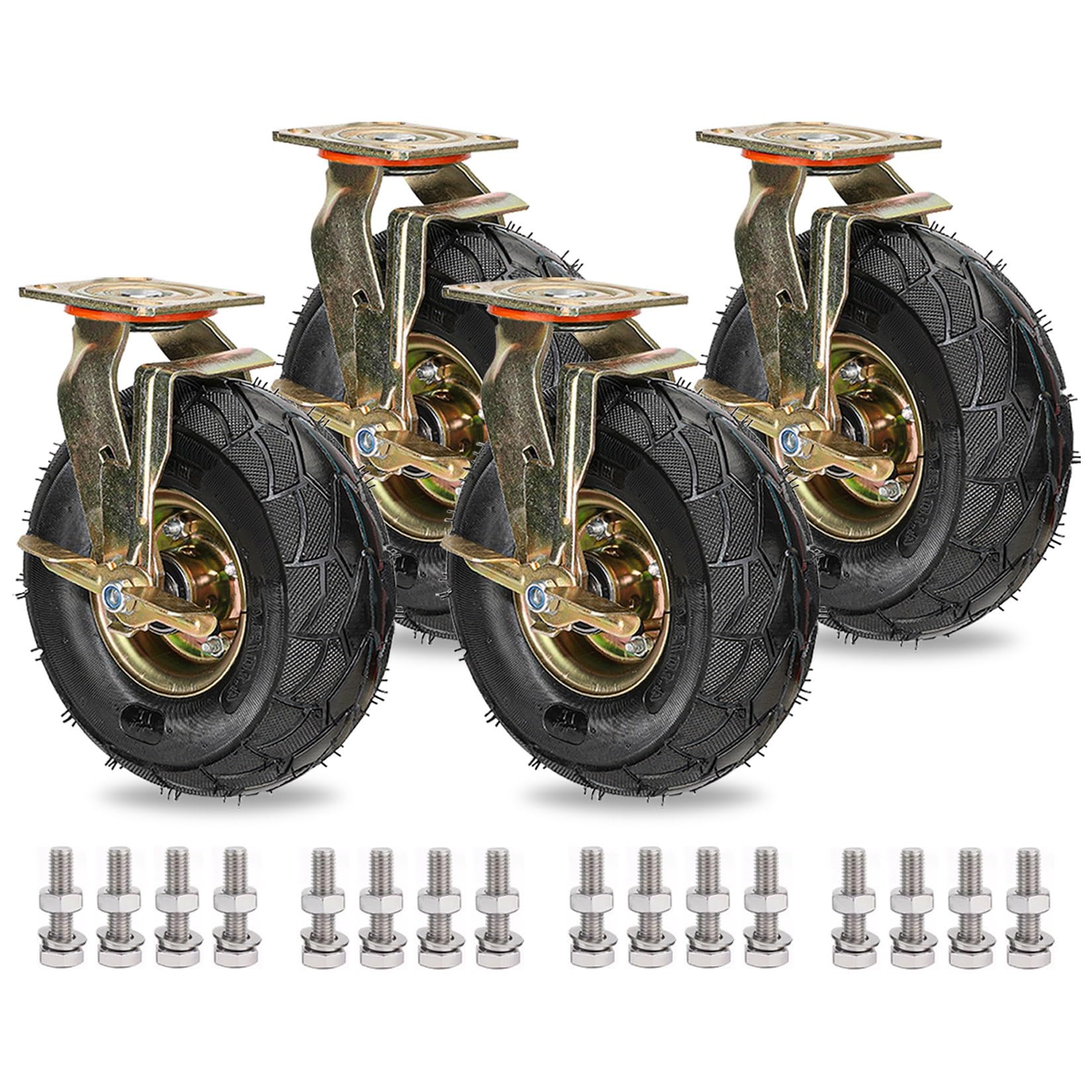 200mm 250mm Schwerlastrollen 4 Stück Industrie Transportrollen, 360°Drehbar Lenkrollen Mit Bremse, Keine Spuren & Leise Luftreifen Gummirolle, Tragfähigkeit 200KG Pro Rolle Ersatzrollen (Color : Brak