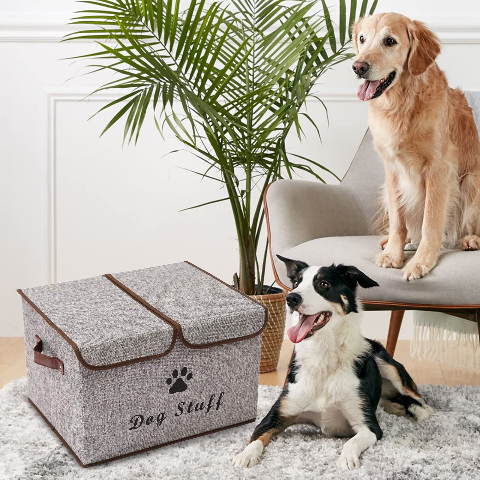 Pethiy Große Leinenstoff Aufbewahrungsbox mit deckel für Hunde Zubehör-Faltbare Doppelgitter Aufbewahrungskorb mit Griffen,für hundespielzeug Hundebekleidung-43 x 31 x 26 cm (Grau)