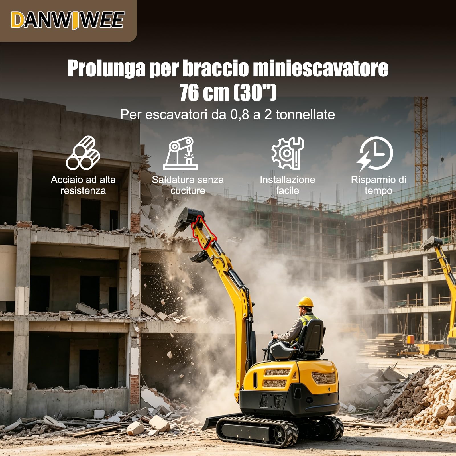 Braccio di prolunga per mini escavatore, 76,2 cm, per escavatore da 0,8-2T, cambio rapido, braccio lungo raggio, 6 mm, in acciaio completamente saldato, prolunga per costruzione di scavi