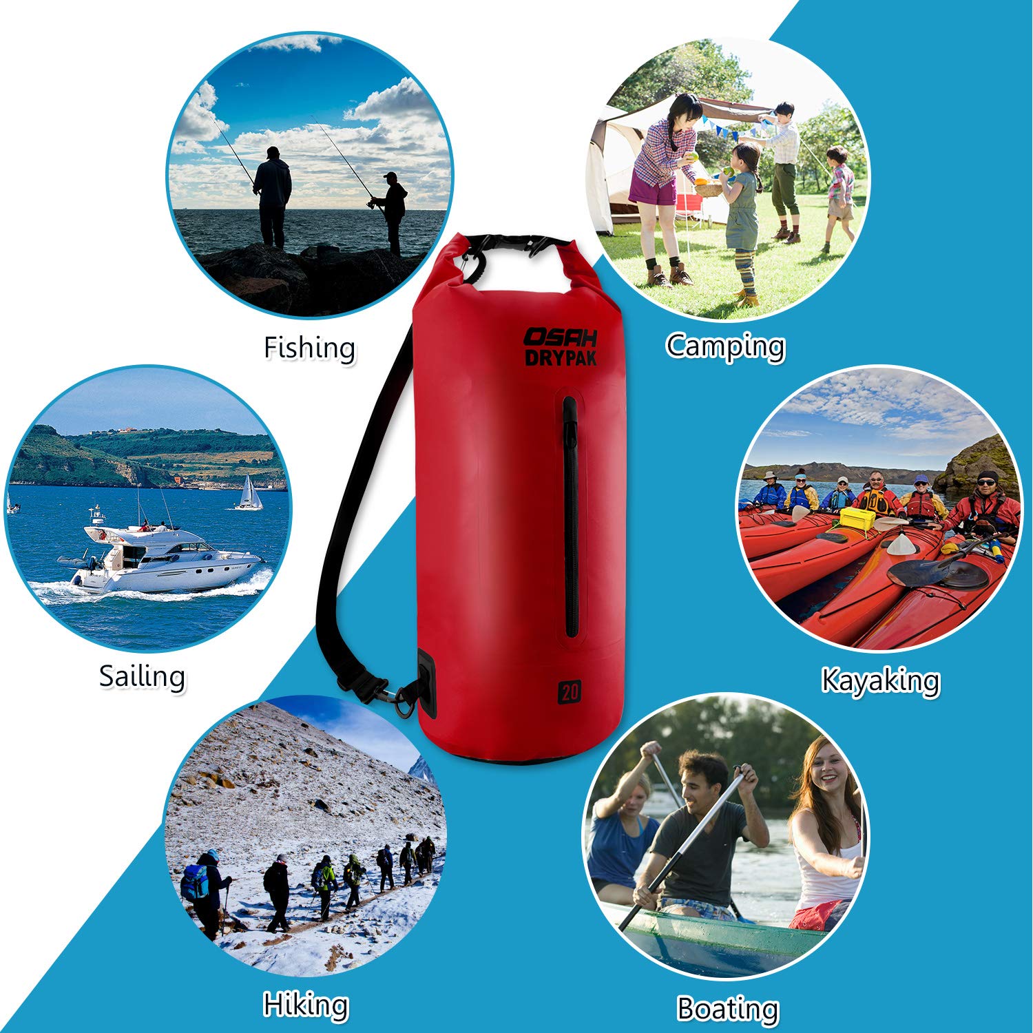 OSAH DRYPAK Borse Impermeabile Sacca Dry Bag 5L 10L 15L 20L 30L con Tracolla Regolabile per Spiaggia Sport d'Acqua Trekking Kayak Canoa Pesca Rafting Nuoto Campeggio
