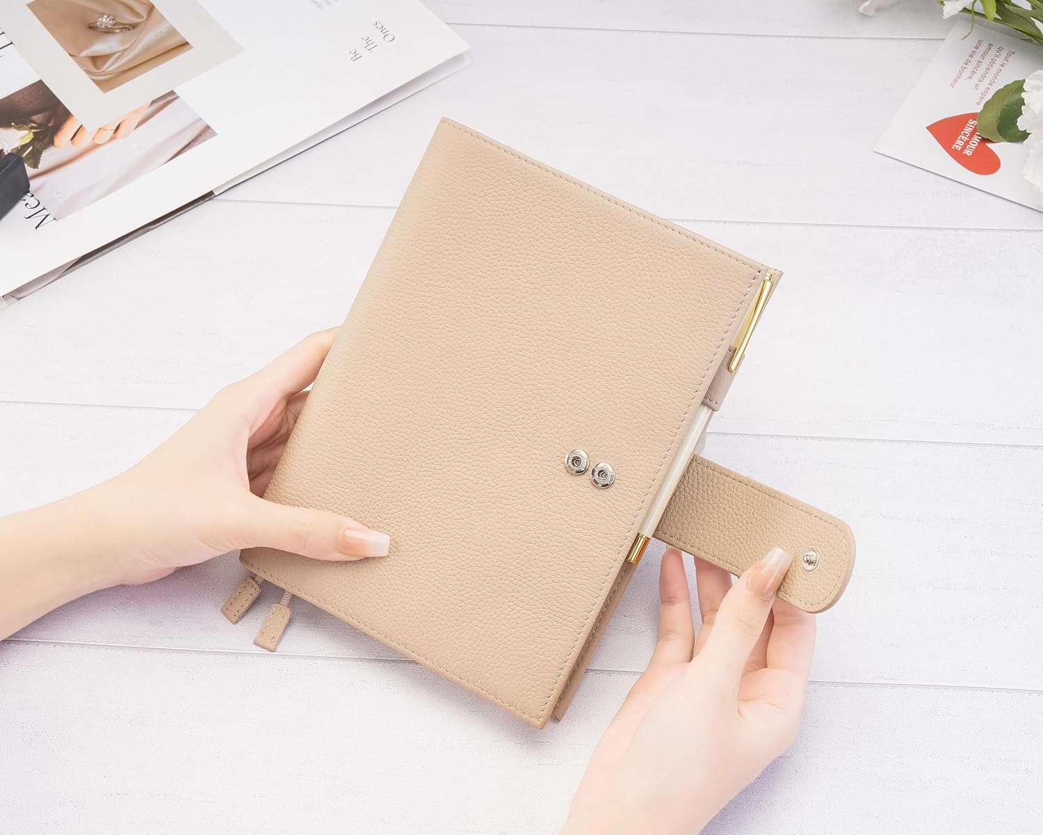 B6 Leather Planner Cover for Stalogy, Midori, Leuchtturm1917, and More - with Pen Loop, Card Slots, Back Pocket, and Bookmarks (Beige)