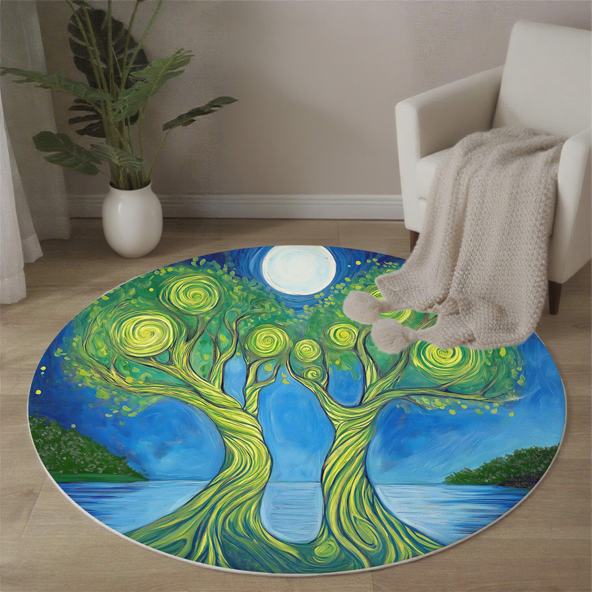 Tapis Ronds Vert Arbre De Lune Tourbillonnant 120Cm Rugs Lavable Antidérapant À Poils Courts Doux Plantes De Jardin pour Chambres Cuisine Balcon Terrasse Ntérieur Salles À Manger