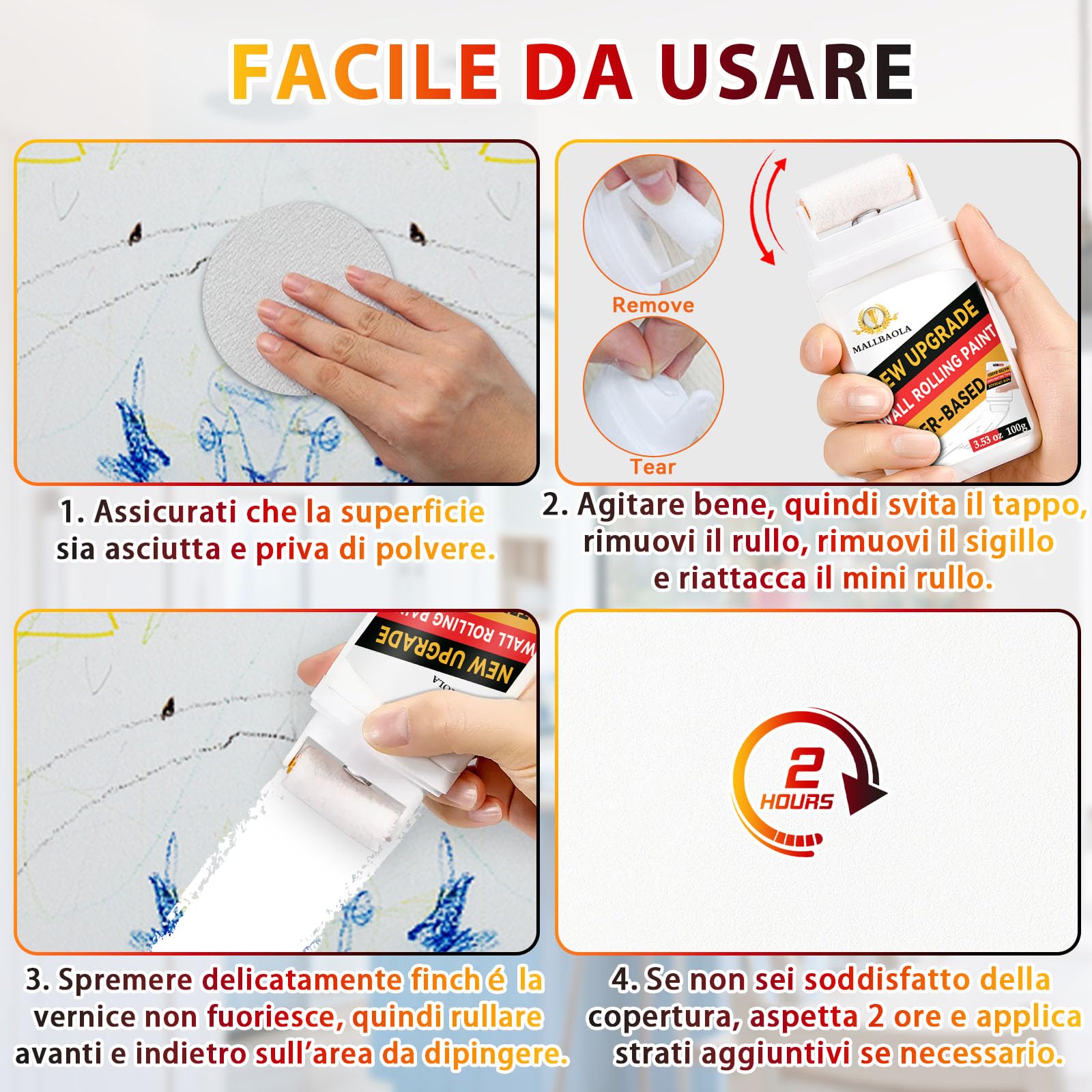 Rullo per Vernice Bianca, Vernice Bianca Muro Interno, Portatile Rullo per Pittura, Vernice Bianca a Rapida Asciugatura a Base d'Acqua, Rullo Pittura pittura da parete per pareti