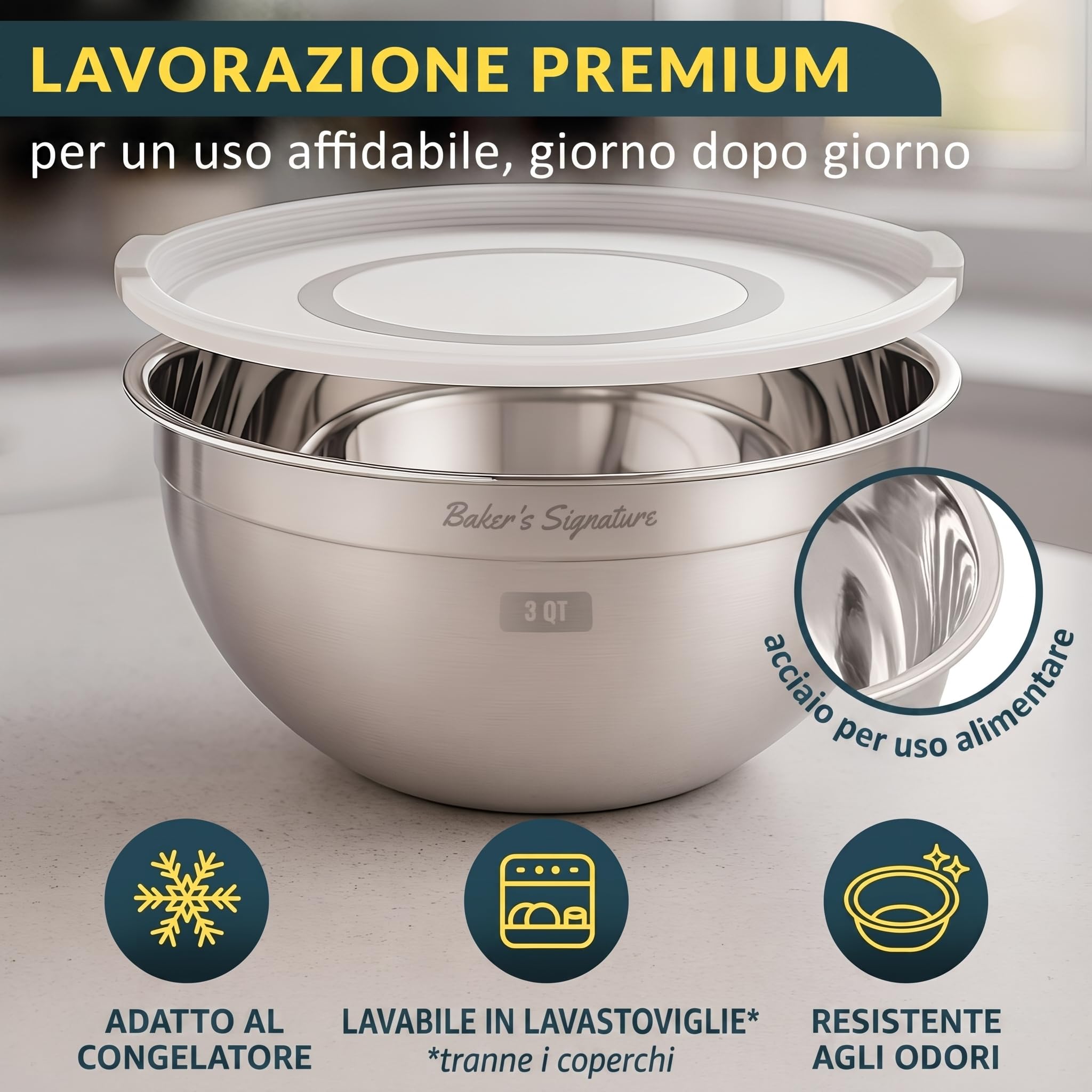 Baker's Signature Set di 5 ciotole in acciaio inox con coperchio, set di 5 ciotole per mescolare alimenti, cottura e servire, lavabili in lavastoviglie e adatte al microonde, 0,5/1,5/3/4/5 Qt