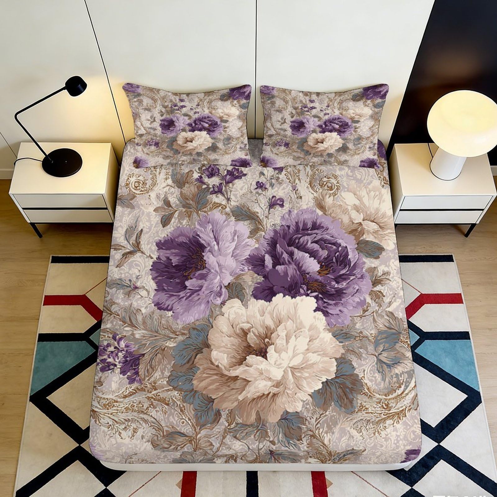 Jqzkxnhpbr Style-2 3D Printed Purple Peony Fitted Sheet Microfiber Soft Floral Beige Blossom Mattress Cover For Bedroom Dorm Decor 90X200x25cm